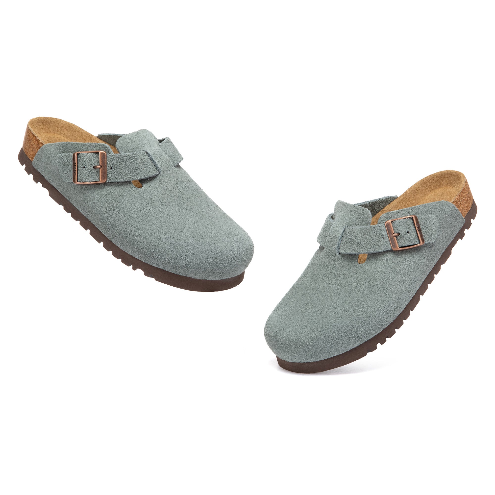 EverUgg Birkie Suede Buckle Clogs slippers with buckle detail and suede material, shown in a close-up view.