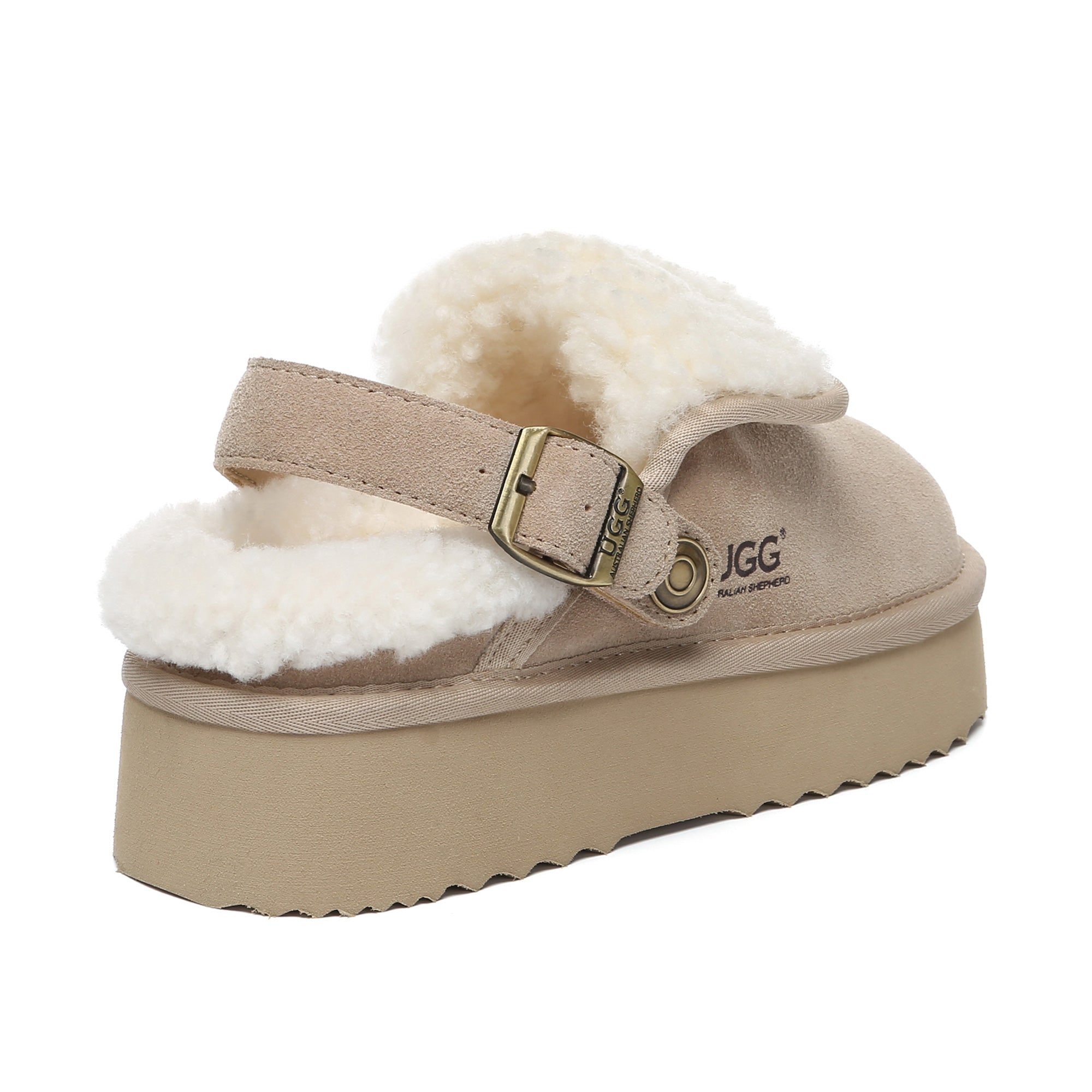 EverUgg Buckle Strap UGG platform slippers Tenley in sand, featuring a stylish buckle strap and comfortable slip-on design.
