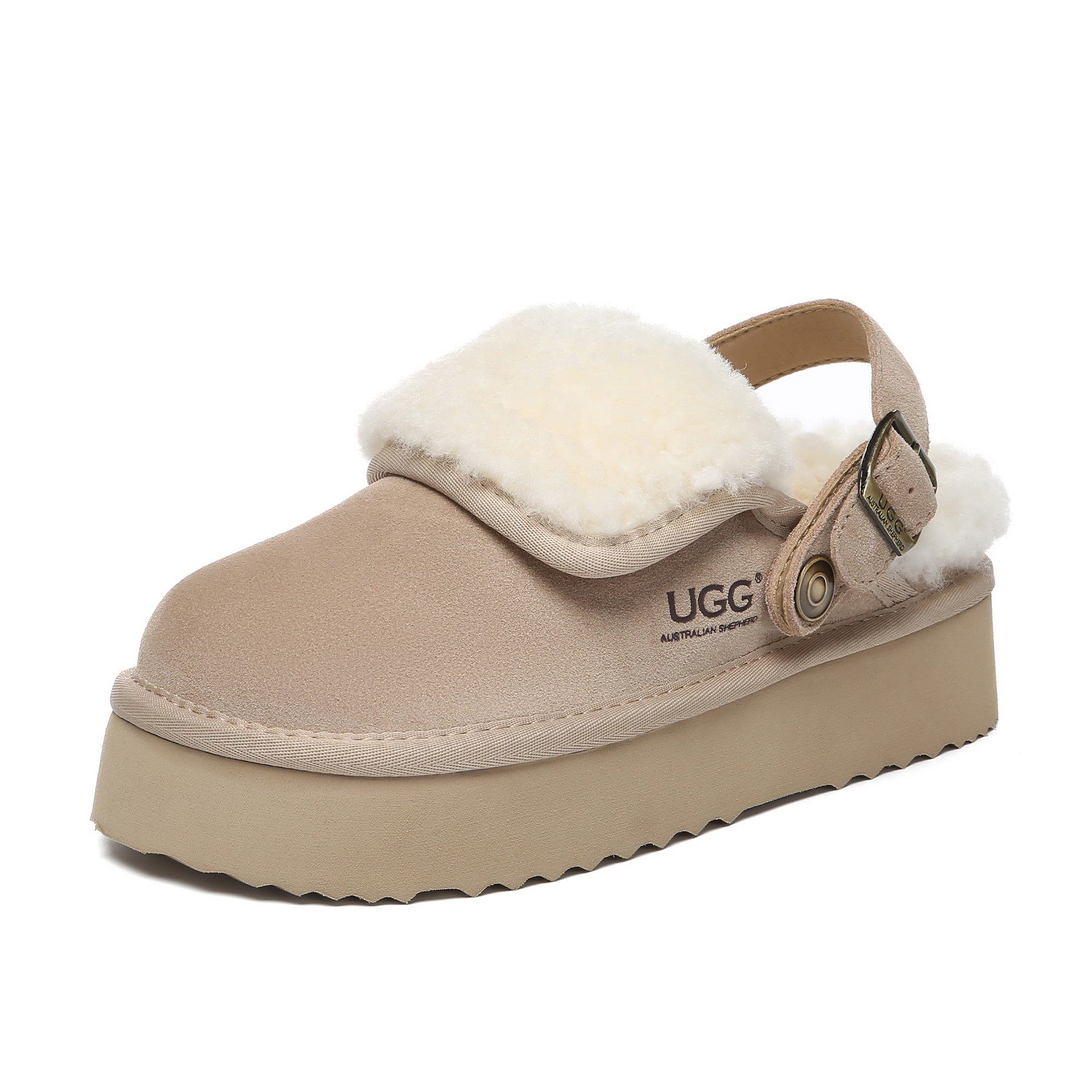 EverUgg Buckle Strap Tenley platform slippers for women, showcasing beige slip-on shoes with buckle details and cushioned soles.