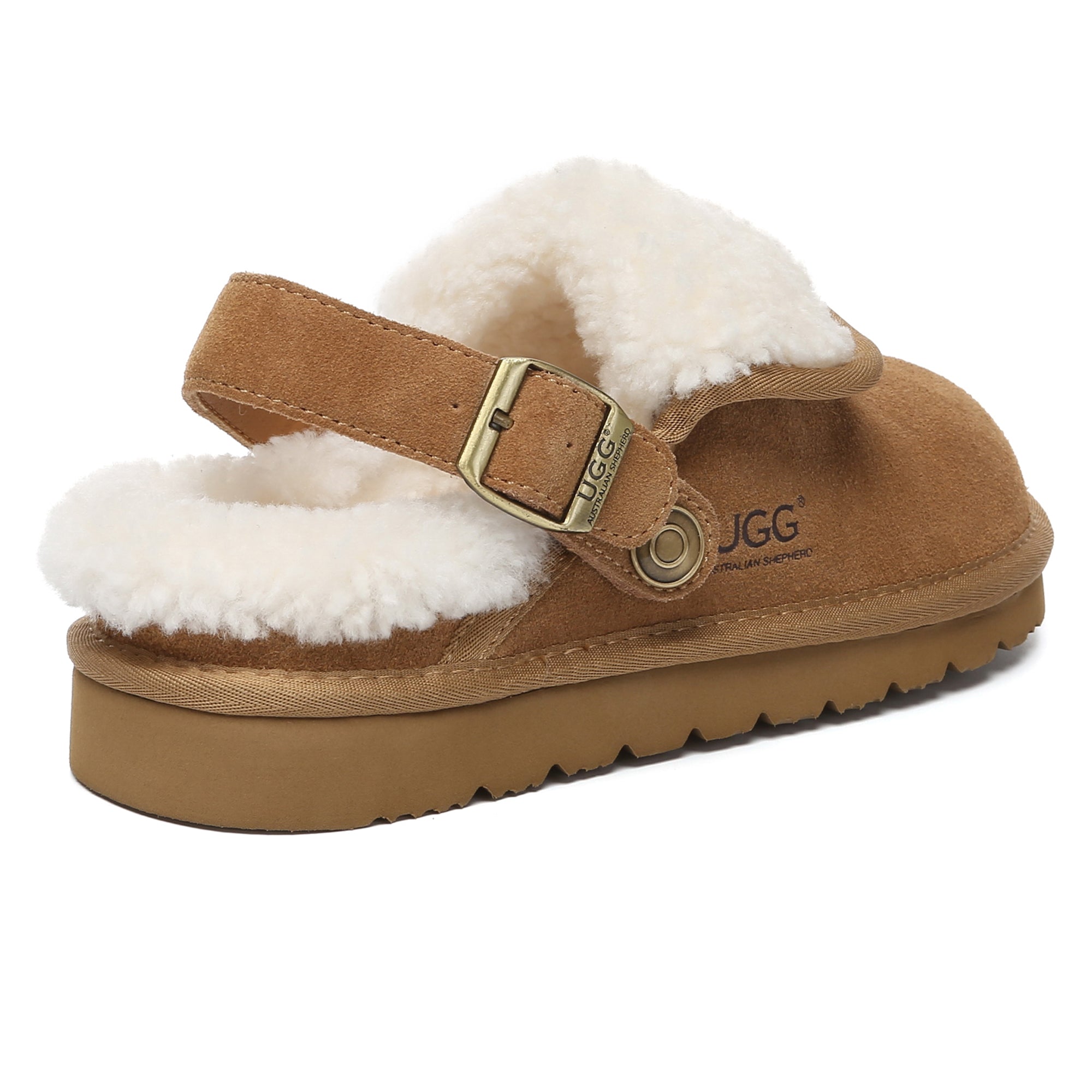 EverUgg Buckle Strap UGG Tenley slippers for women, featuring a cozy slip-on design with buckle accents and plush interior.