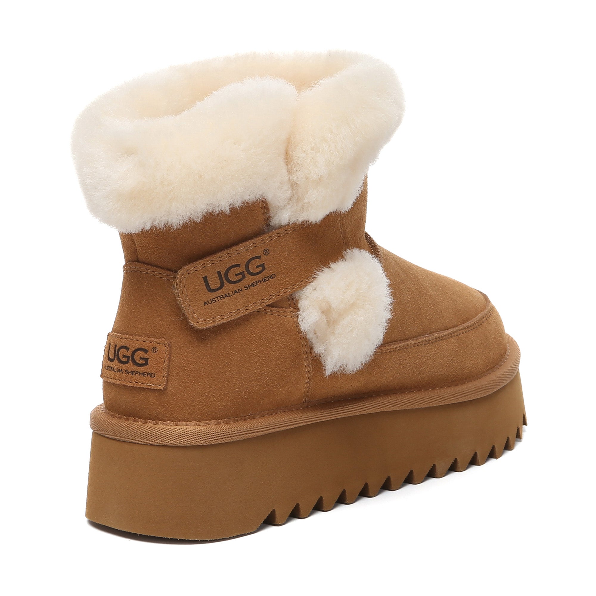 EverUgg Bynnie shearling strap mini platform UGG boots for women, featuring cozy shearling lining and stylish design.