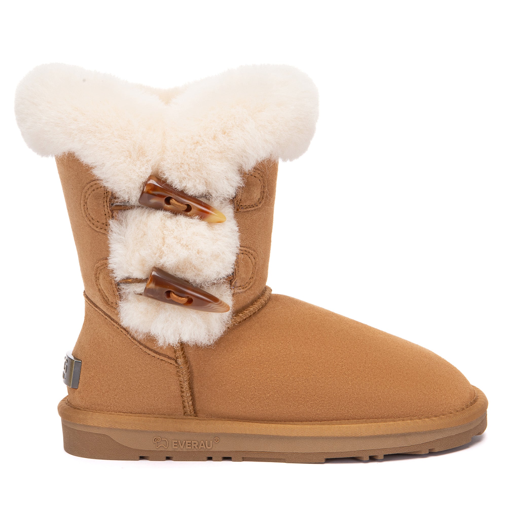 EverUgg Talia Shark 2-Button UGG Boots in tan with button accents and plush interior, showcasing cozy footwear design.