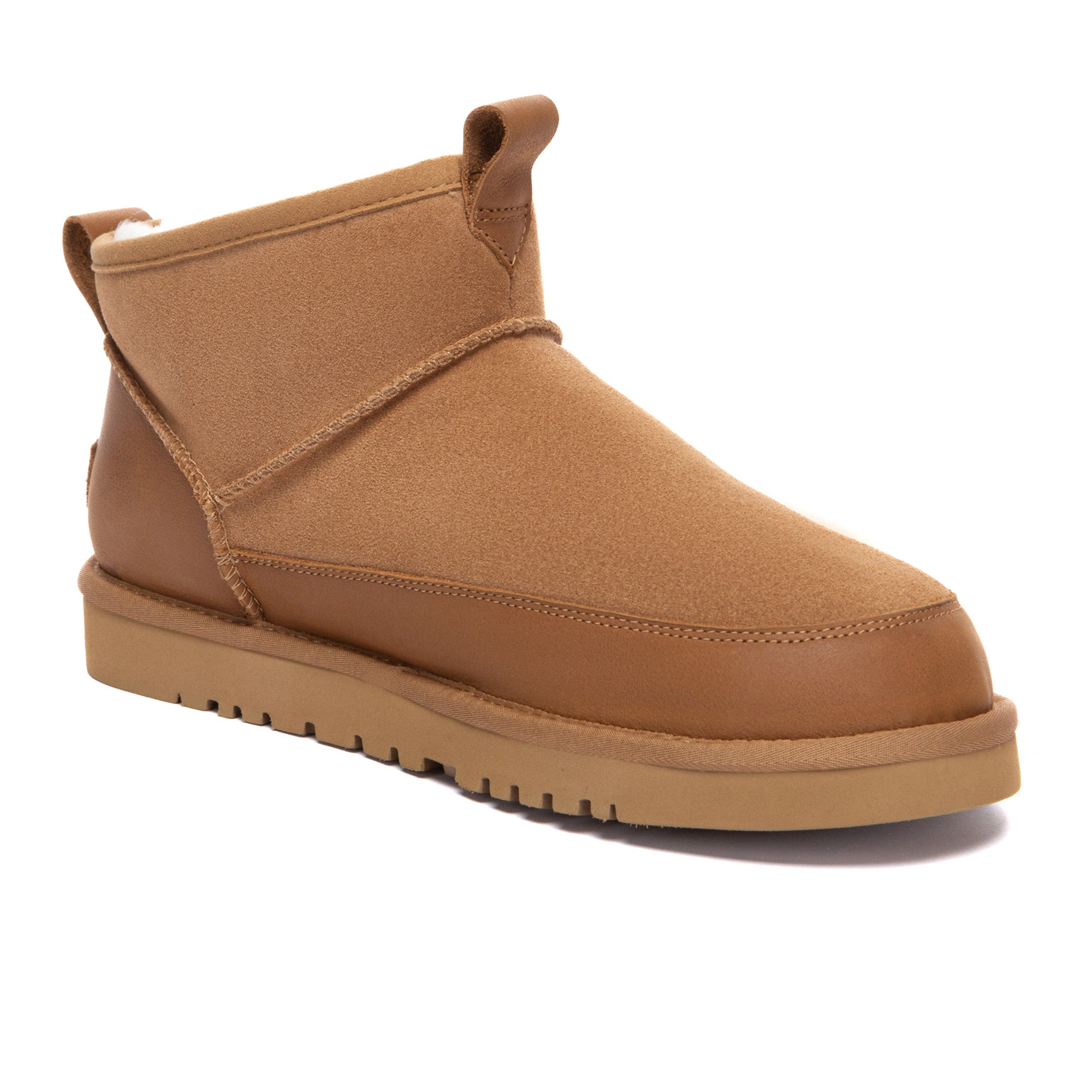 EverUgg Tabs Ultra Mini Ankle UGG Boots in tan with side tab detail, showcasing cozy sheepskin lining and durable rubber sole.