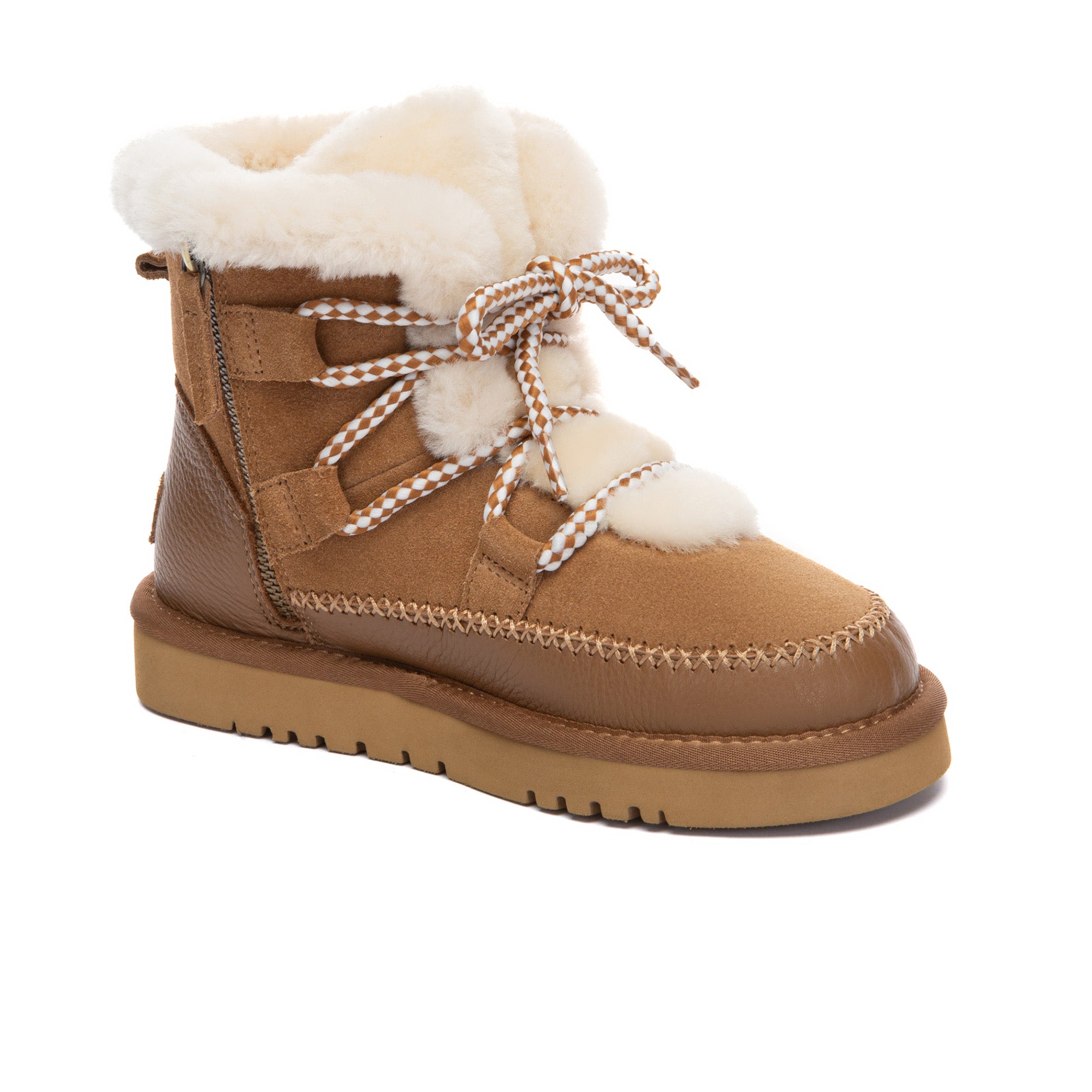 EverUgg Elvora UGG boots with plush fur lining and tan suede exterior, stylish winter footwear.