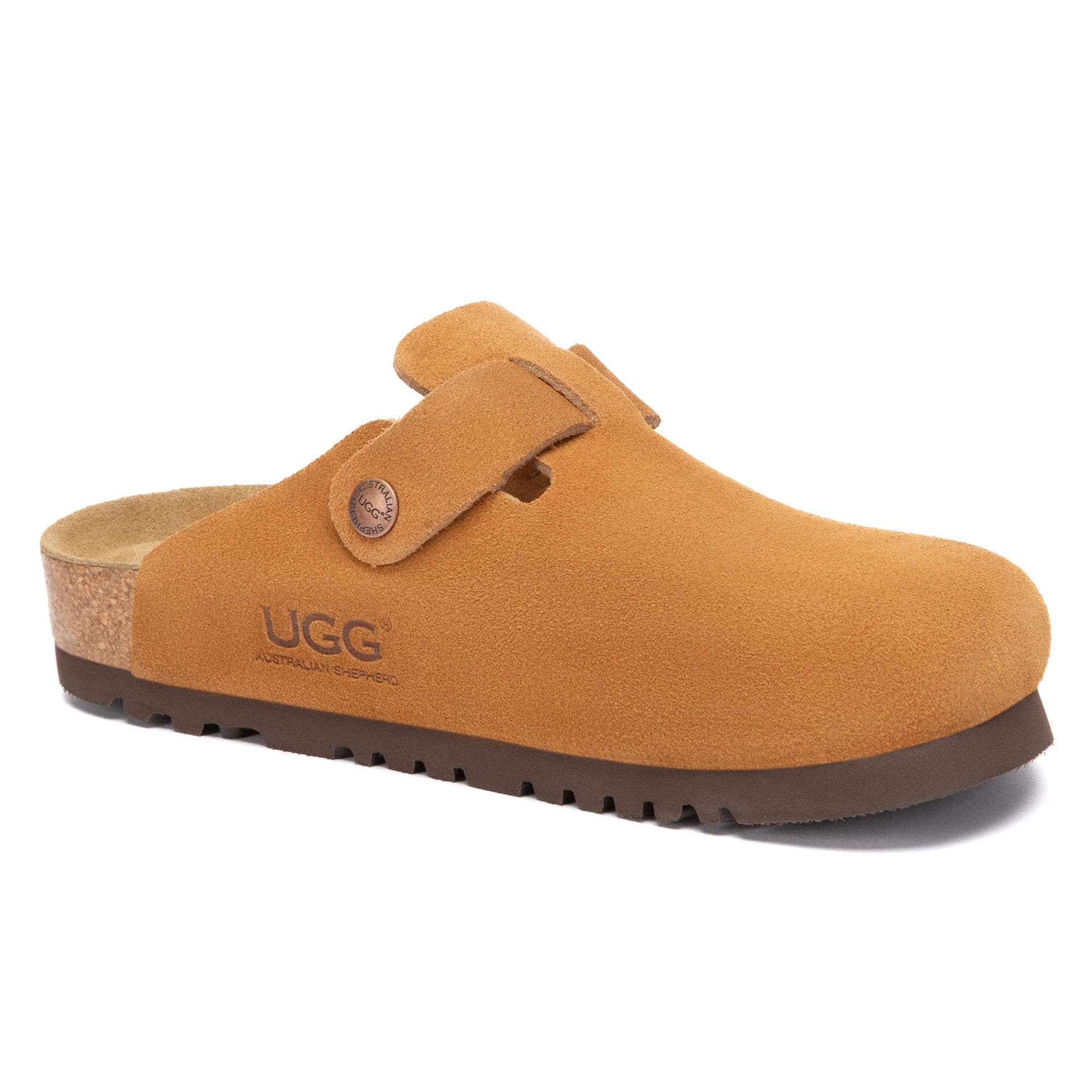 EverUgg Birkie Suede Buckle Clogs slippers with buckle detail and suede material, shown in a casual indoor setting.