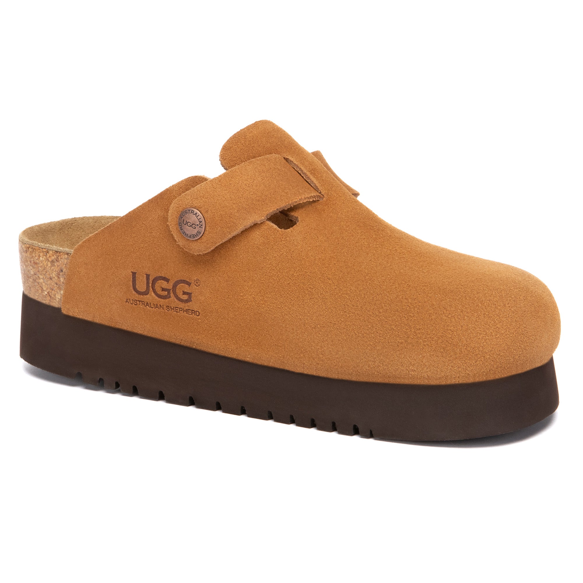 EverUgg Birkie Suede Buckle Platform Clogs slippers with buckle detail and chunky platform sole, showcasing their stylish design.