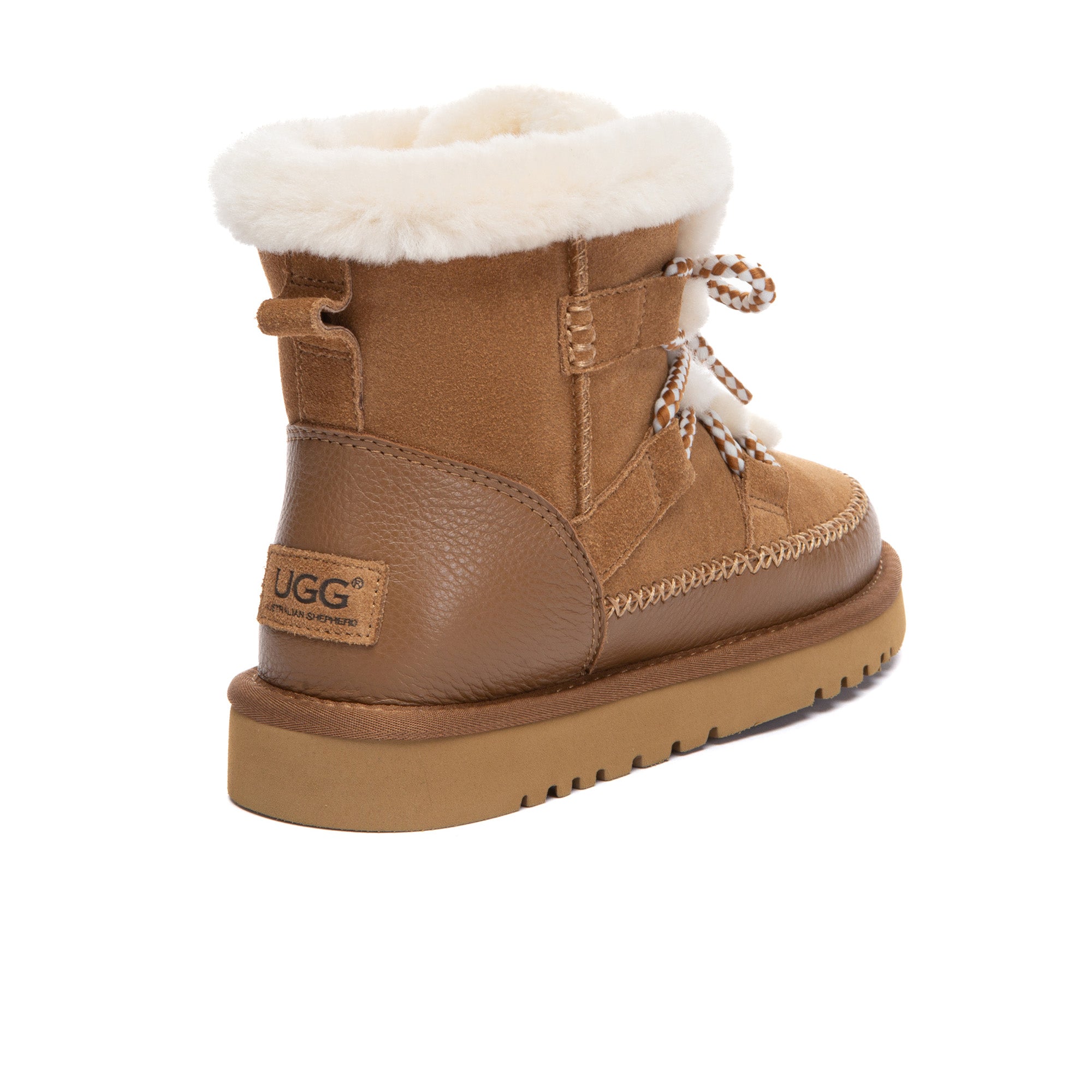 EverUgg Elvora UGG Boots with plush sheepskin lining and tan leather exterior, displayed on a white background.