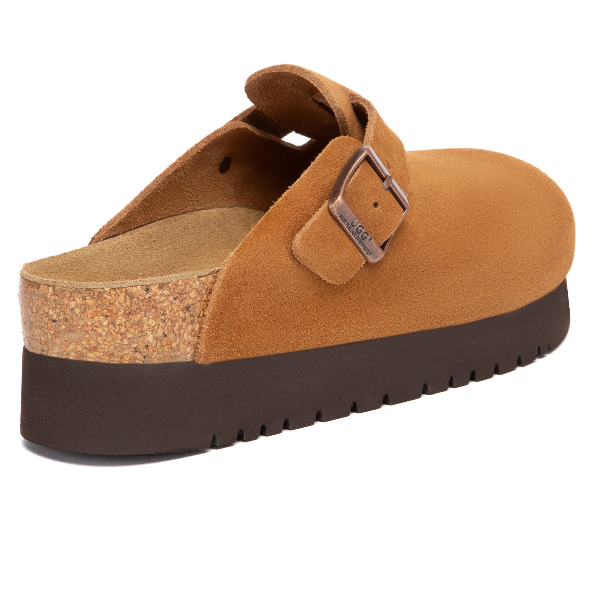 EverUgg Birkie Suede Buckle Platform Clogs slippers with buckle detail and chunky platform sole, showcasing their stylish design.