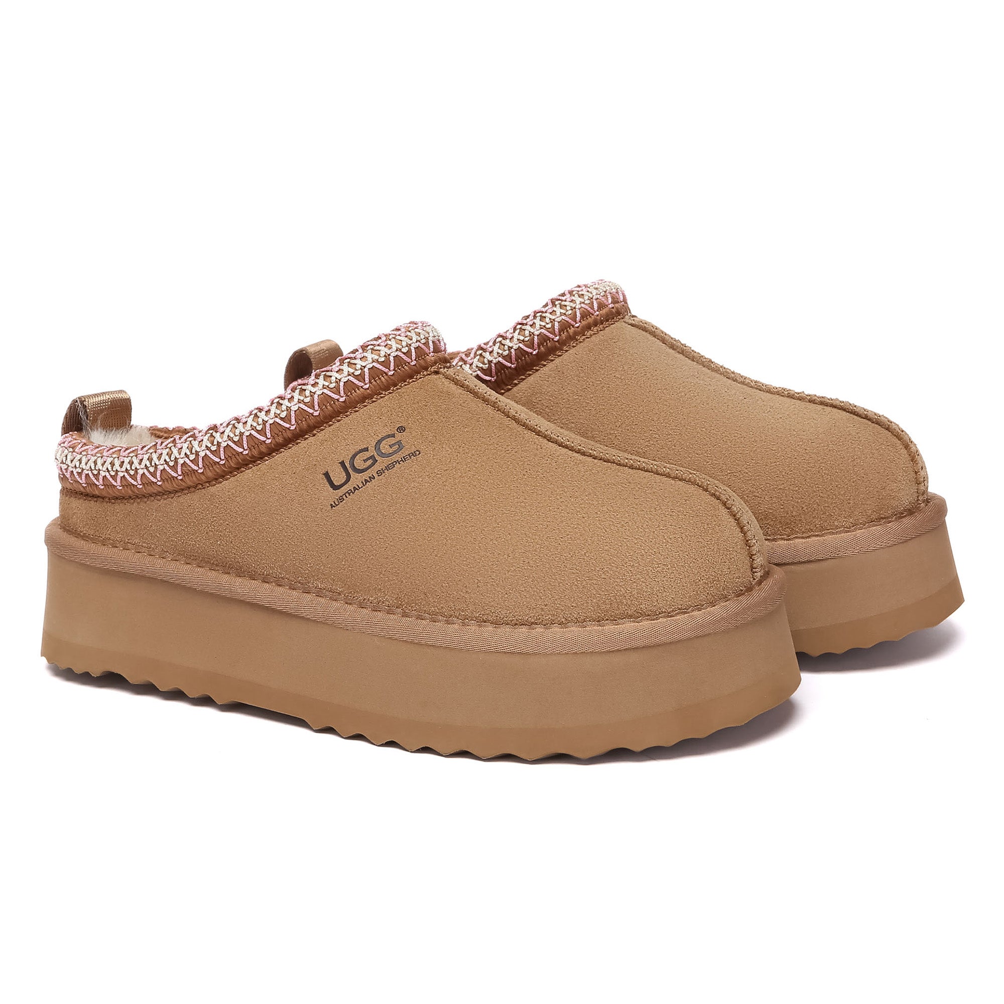 Multicolor Tazman UGG platform slippers for women with cushioned soles and cozy fabric straps, showcasing vibrant design and branding.