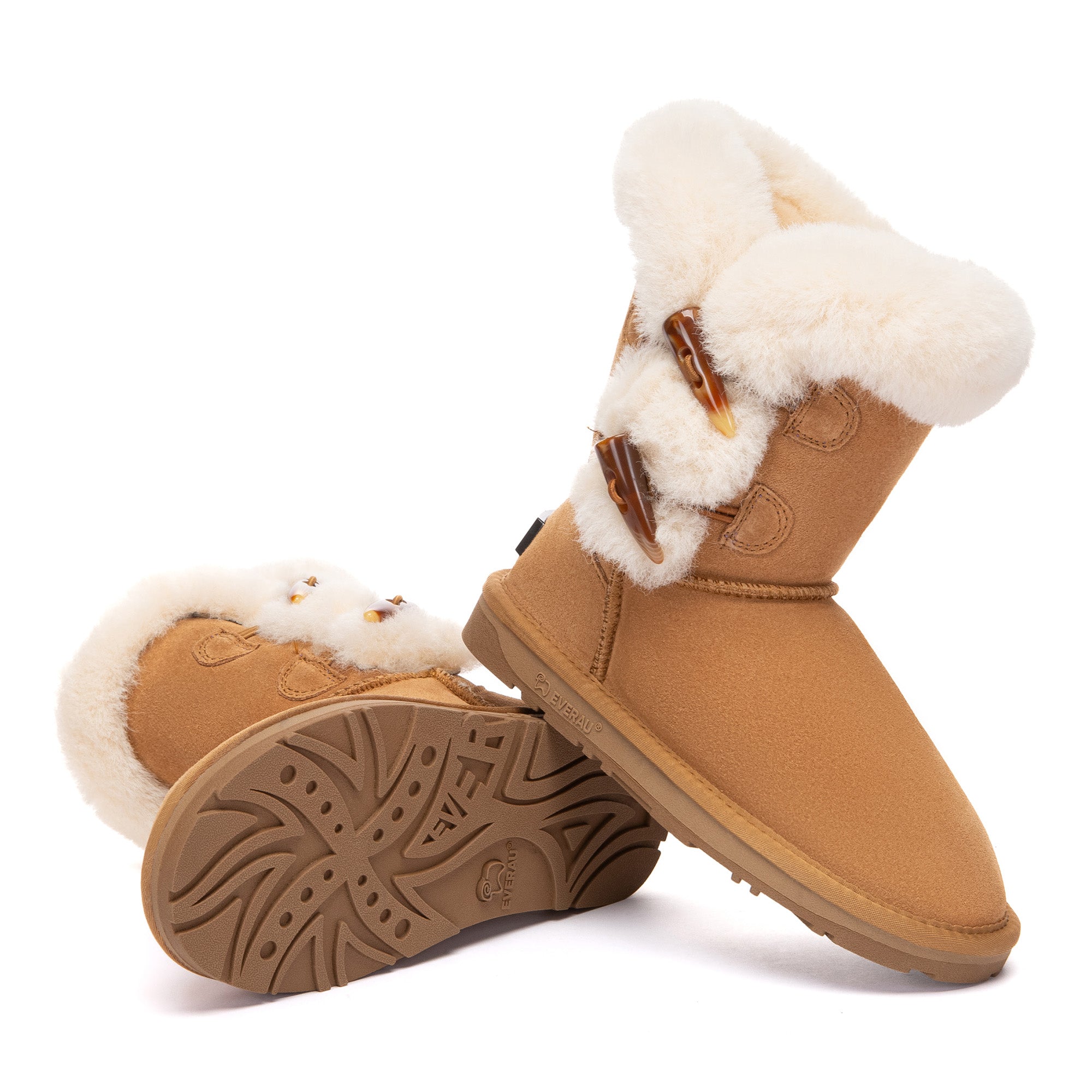 EverUgg Talia Shark 2-Button UGG Boots in soft suede with button accents and cozy lining, perfect for winter wear.