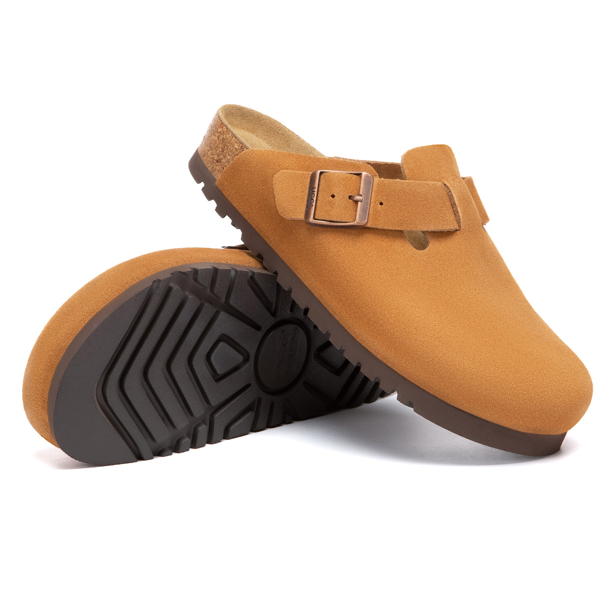 EverUgg Birkie Suede Buckle Clogs slippers with tan suede and buckle detail, shown on a neutral background.