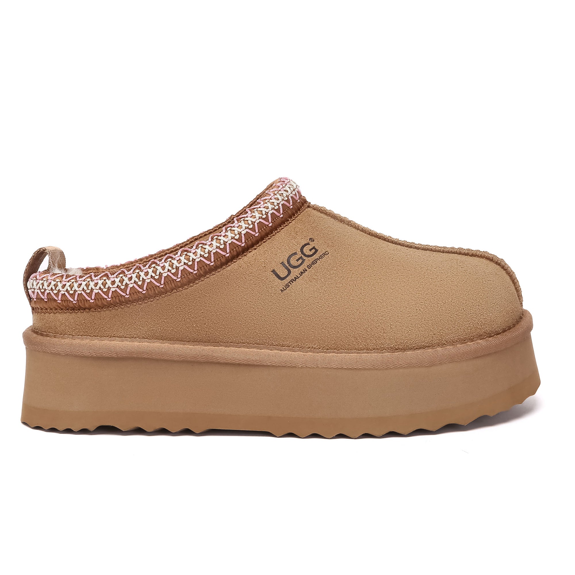 EverUgg Tazman multicolor UGG platform slippers for women, camel-colored with vibrant multicolor design, stylish and comfortable footwear.