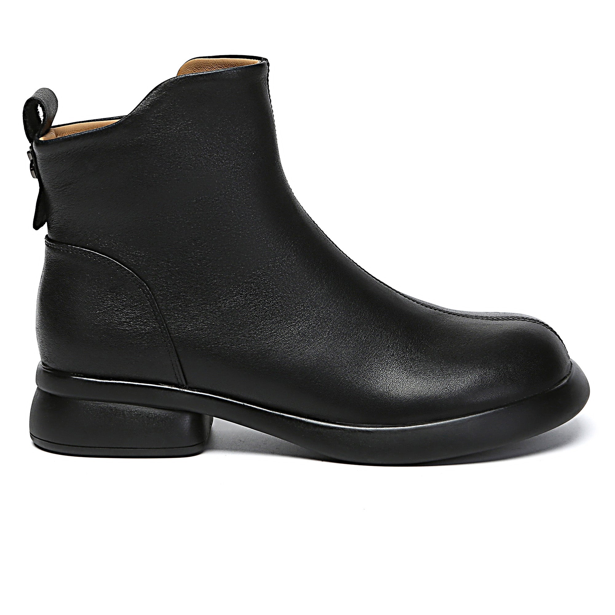 EverUgg Caroline leather zip ankle boots showing sleek black design, side zipper, and ankle-height silhouette.