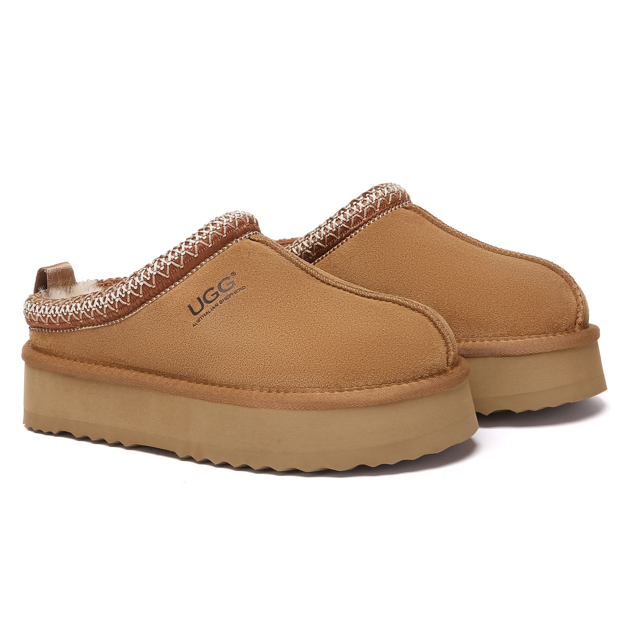 Multicolor Tazman UGG platform slippers for women by EverUgg, featuring a cozy slip-on design and vibrant multicolor pattern.