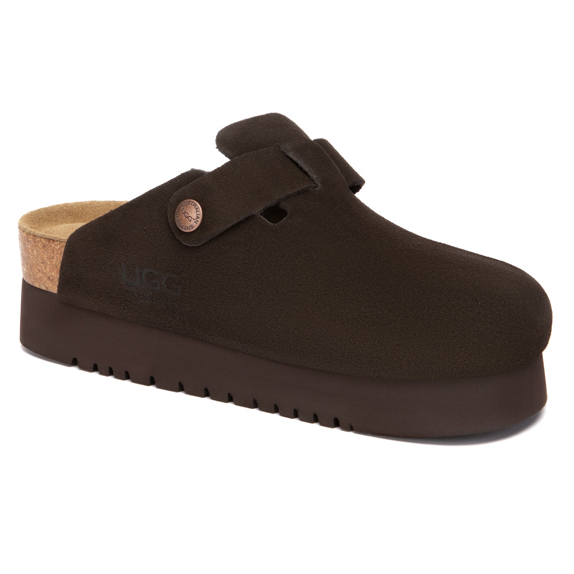 EverUgg Birkie Suede Buckle Platform Clogs slippers with buckle detail and chunky platform sole, shown from the side view.