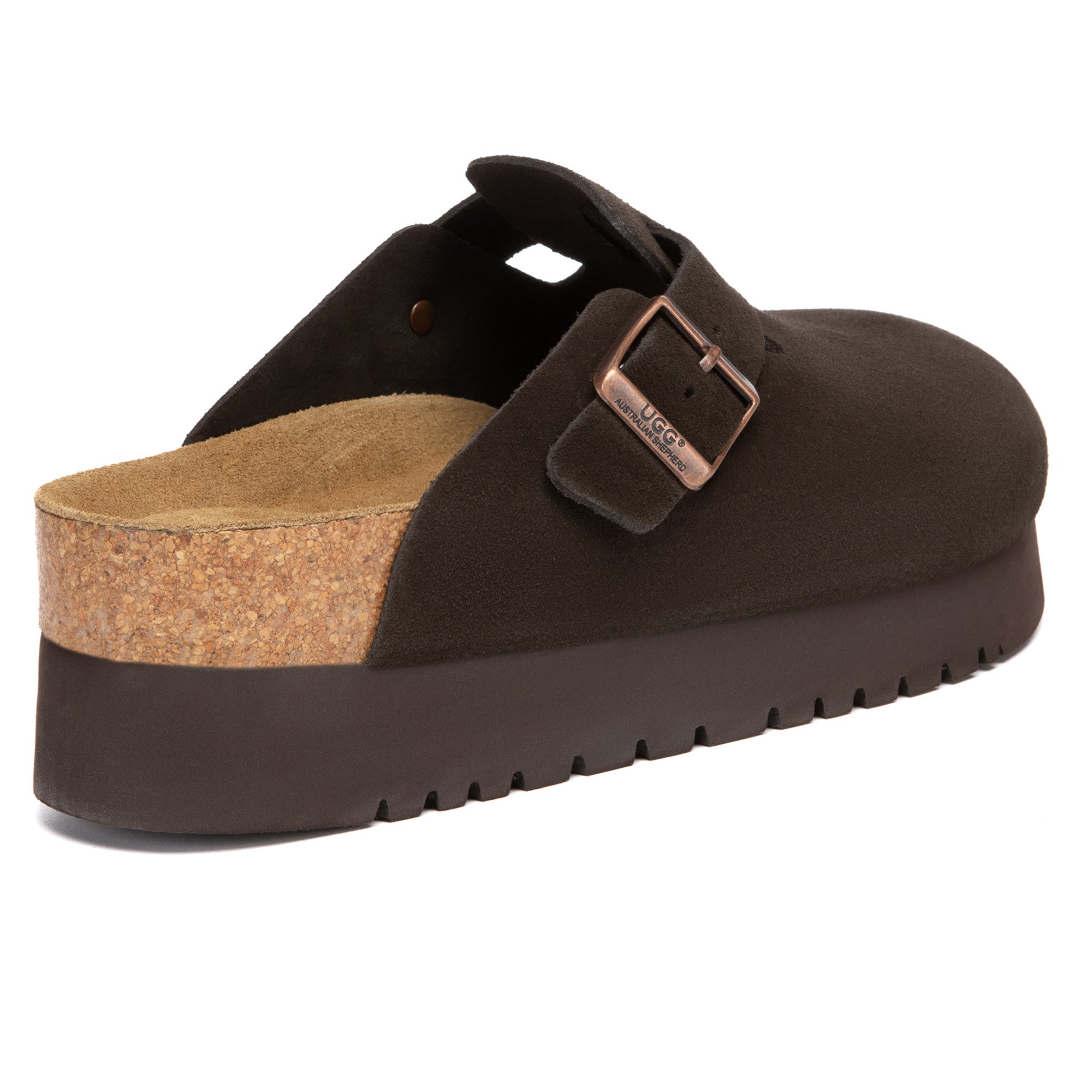 EverUgg Birkie Suede Buckle Platform Clogs slippers with buckle detail and platform sole, showcasing their stylish design and suede material.