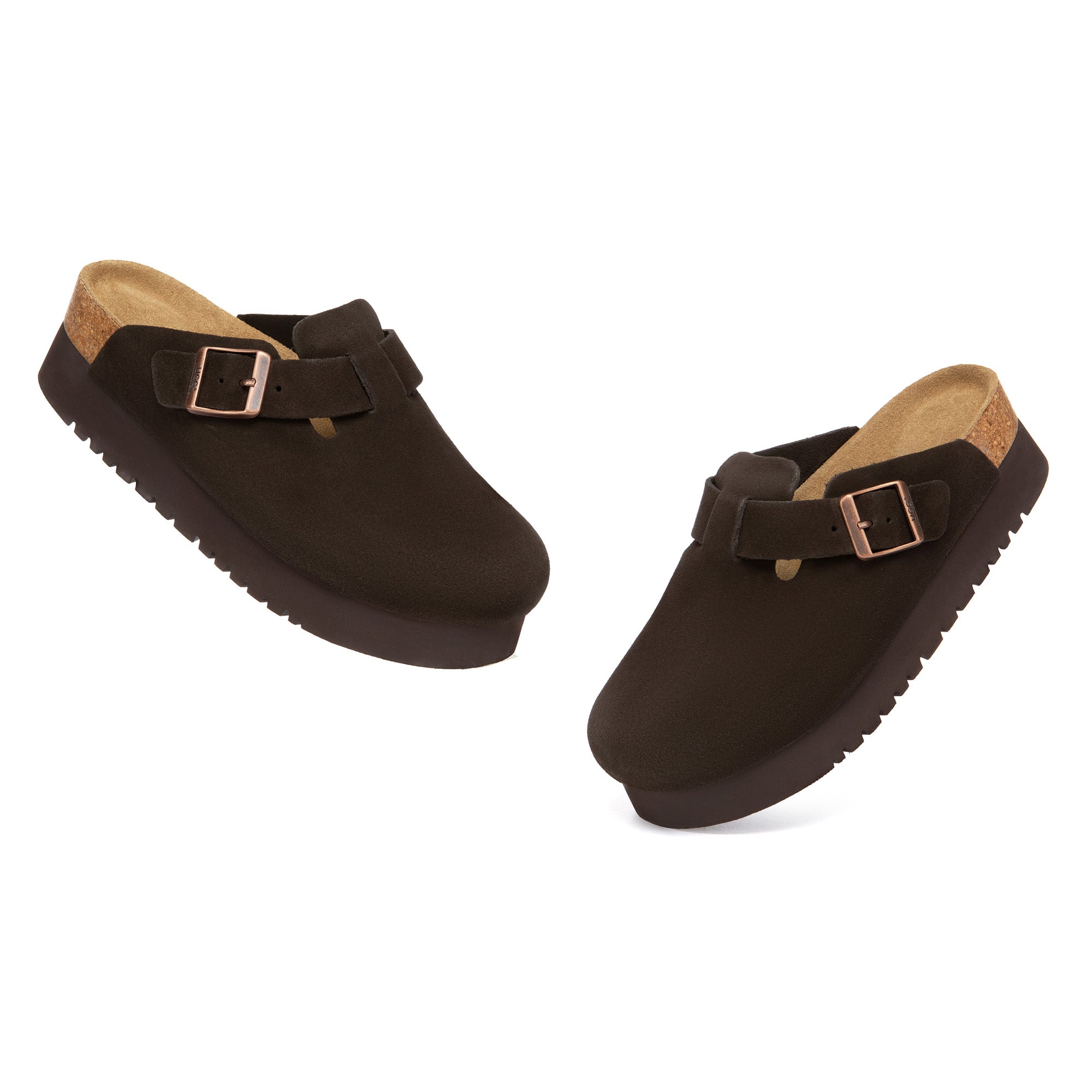 EverUgg Birkie Suede Buckle Platform Clogs slippers with buckle detail and chunky platform sole, shown in tan suede.