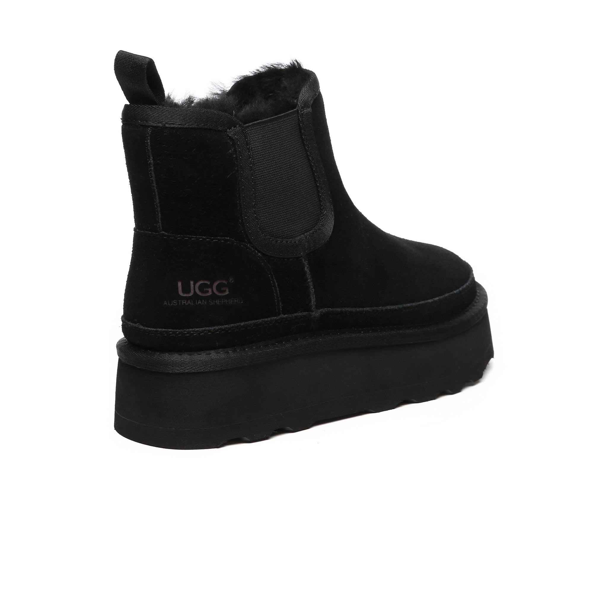 EverUgg Chelsea UGG platform boots with leather upper, chunky heel, and ankle-high design suitable for casual and stylish wear.