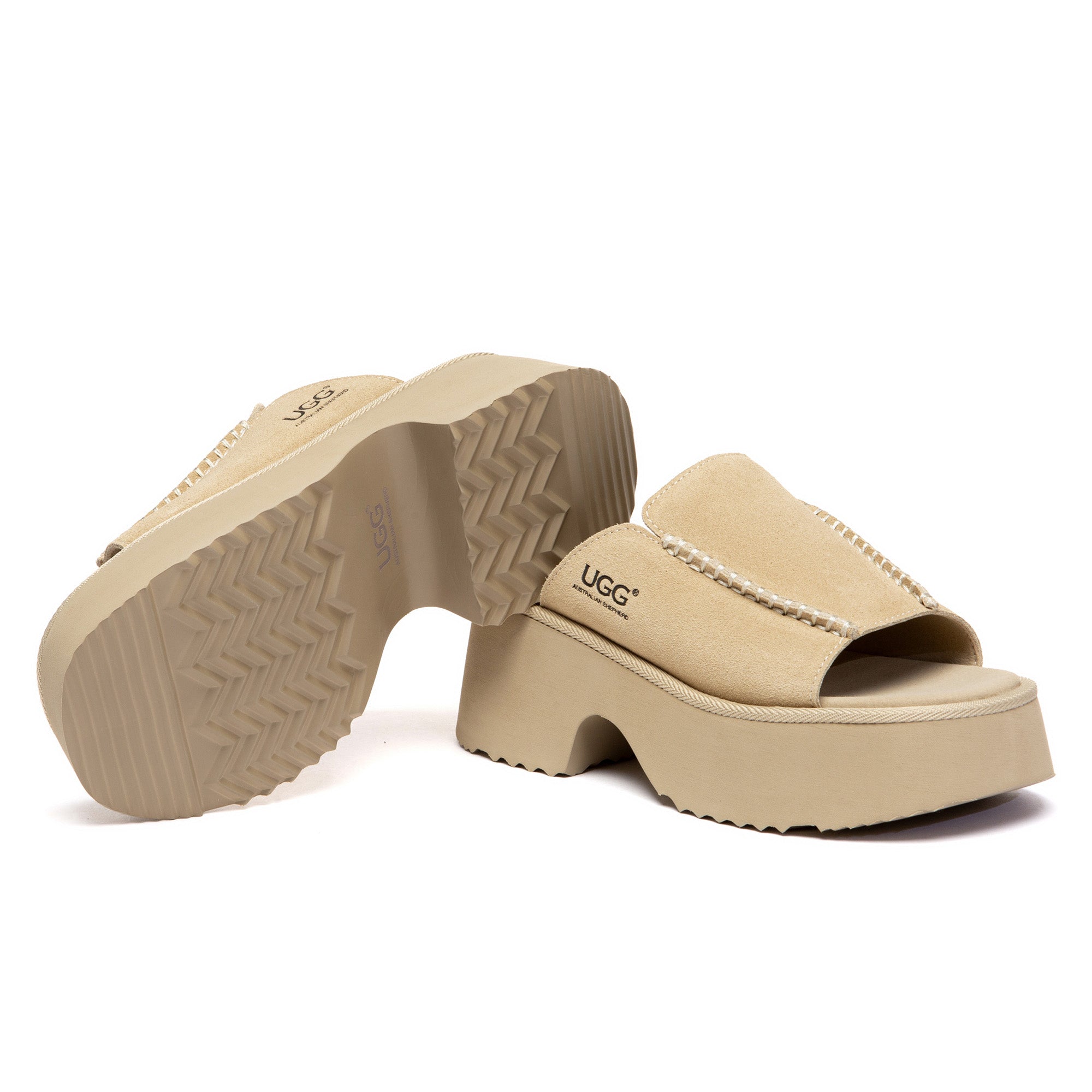 EverUgg chunky heel platform slippers with soft material, featuring a stylish design and comfortable sole for indoor wear.