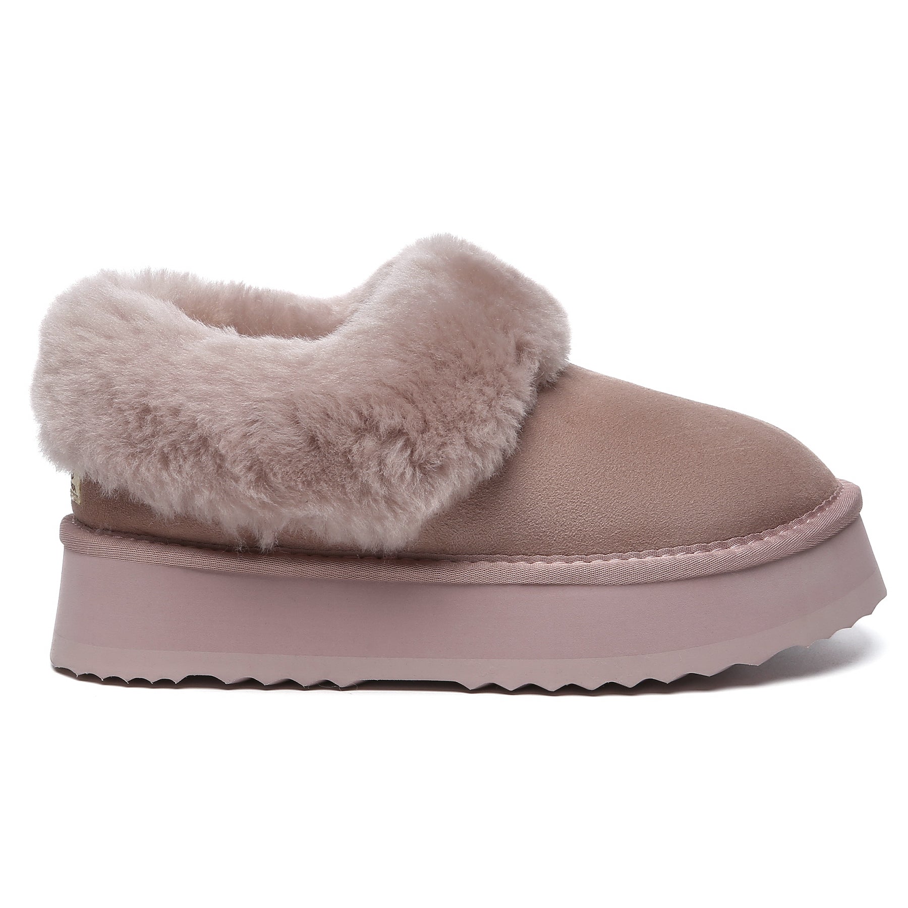 Dawn pink Claire UGG platform ankle slippers for women by EverUgg featuring plush material and slip-on design.