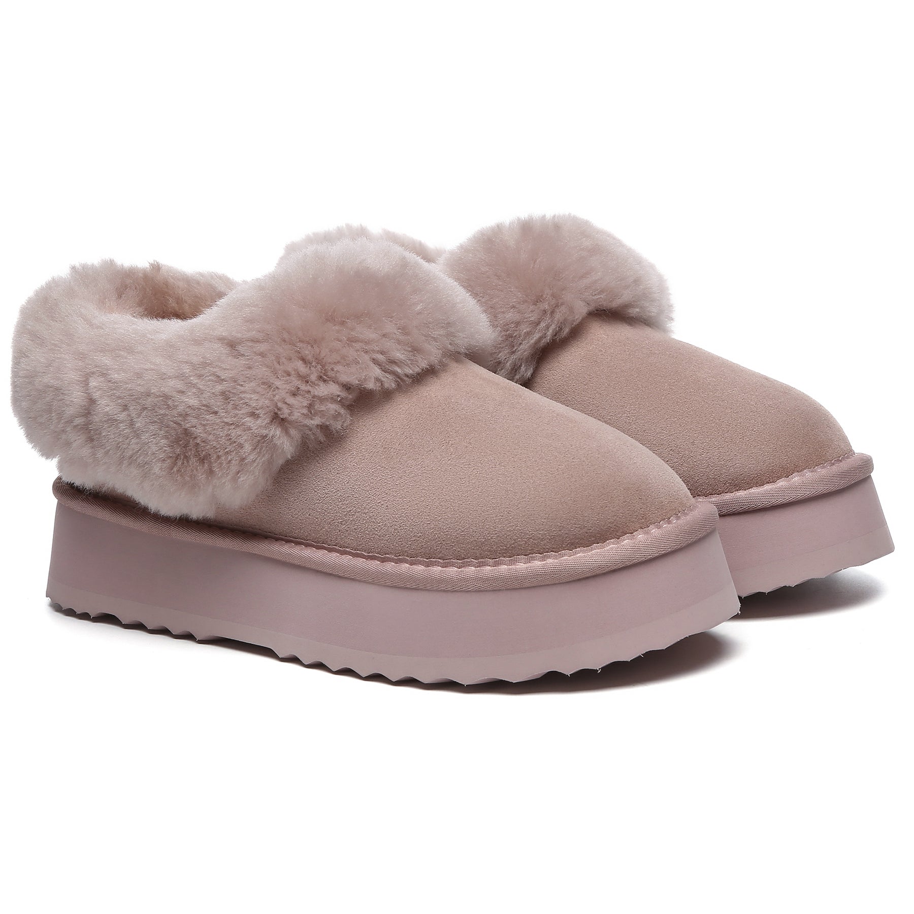EverUgg Claire UGG platform ankle slippers in dawn pink, soft plush interior, and slip-on style for women.