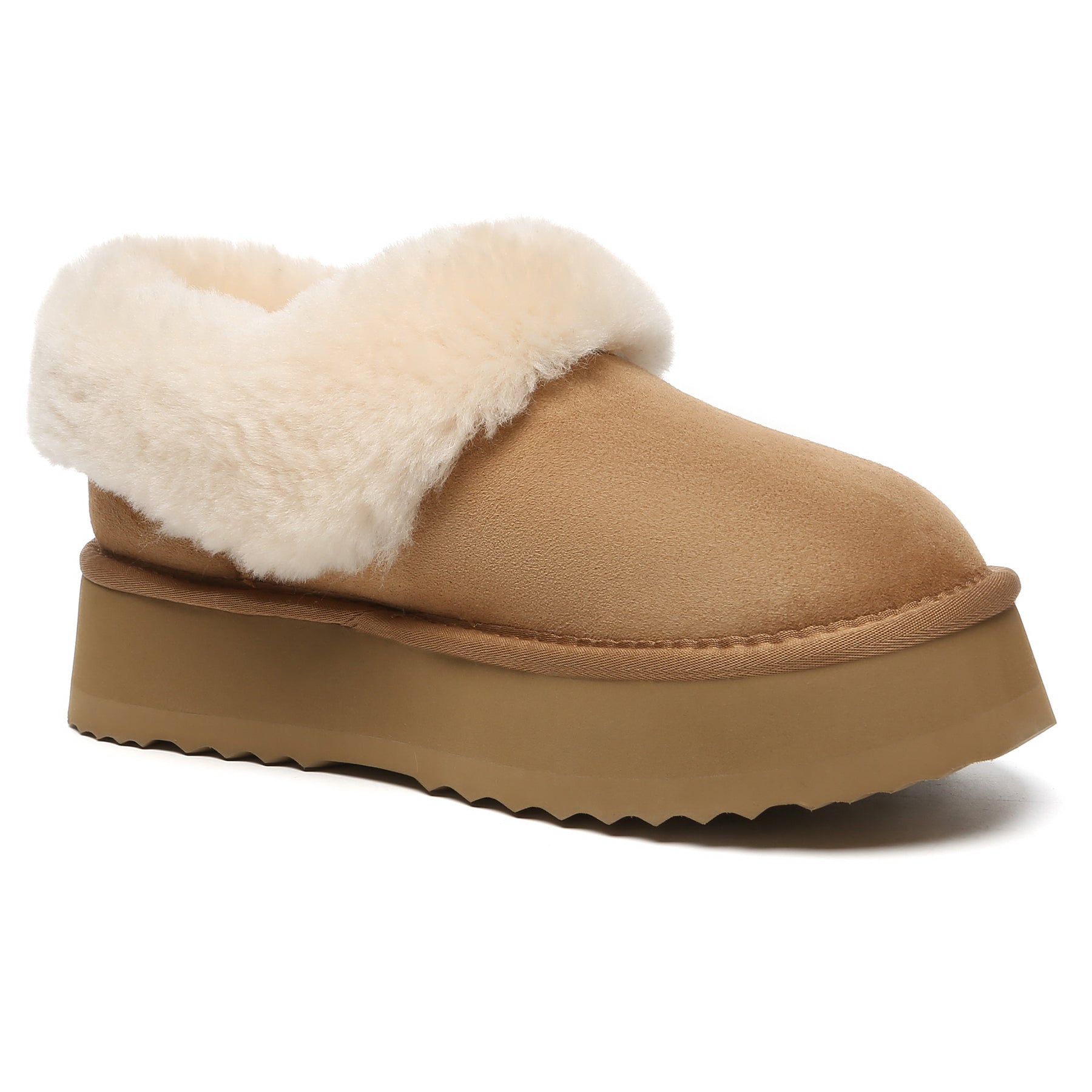 EverUgg Claire UGG platform ankle slippers in chestnut color, showing the cozy slip-on design and cushioned sole.