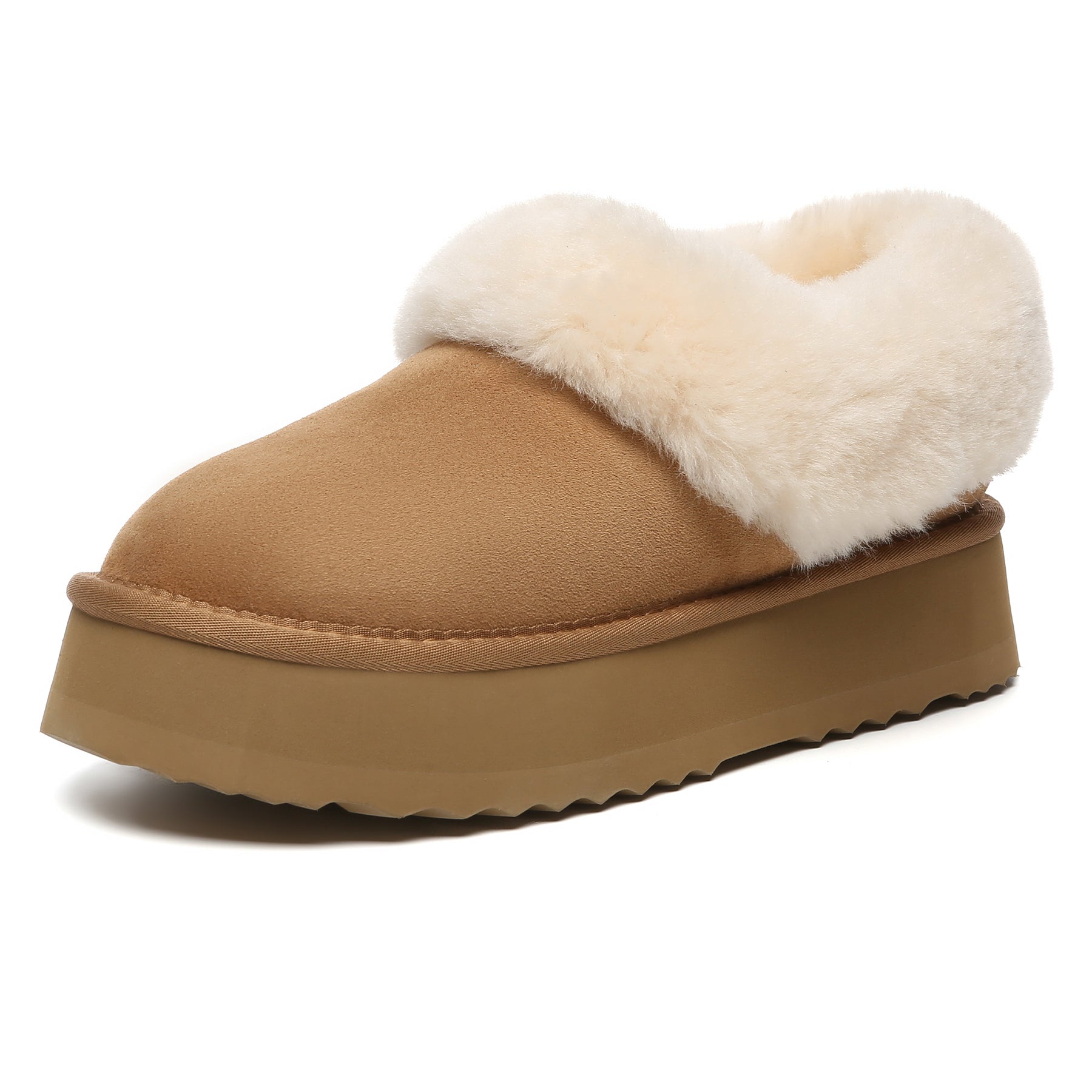 EverUgg Claire UGG platform ankle slippers in chestnut color, featuring soft UGG slippers design for women.