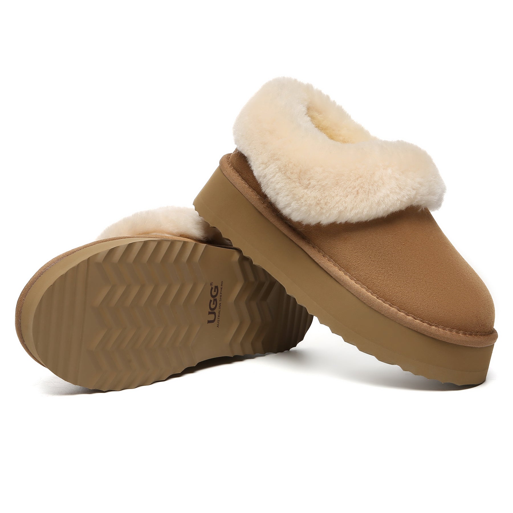 EverUgg Claire UGG platform ankle slippers in chestnut, featuring soft material and cozy design with a slip-on style.