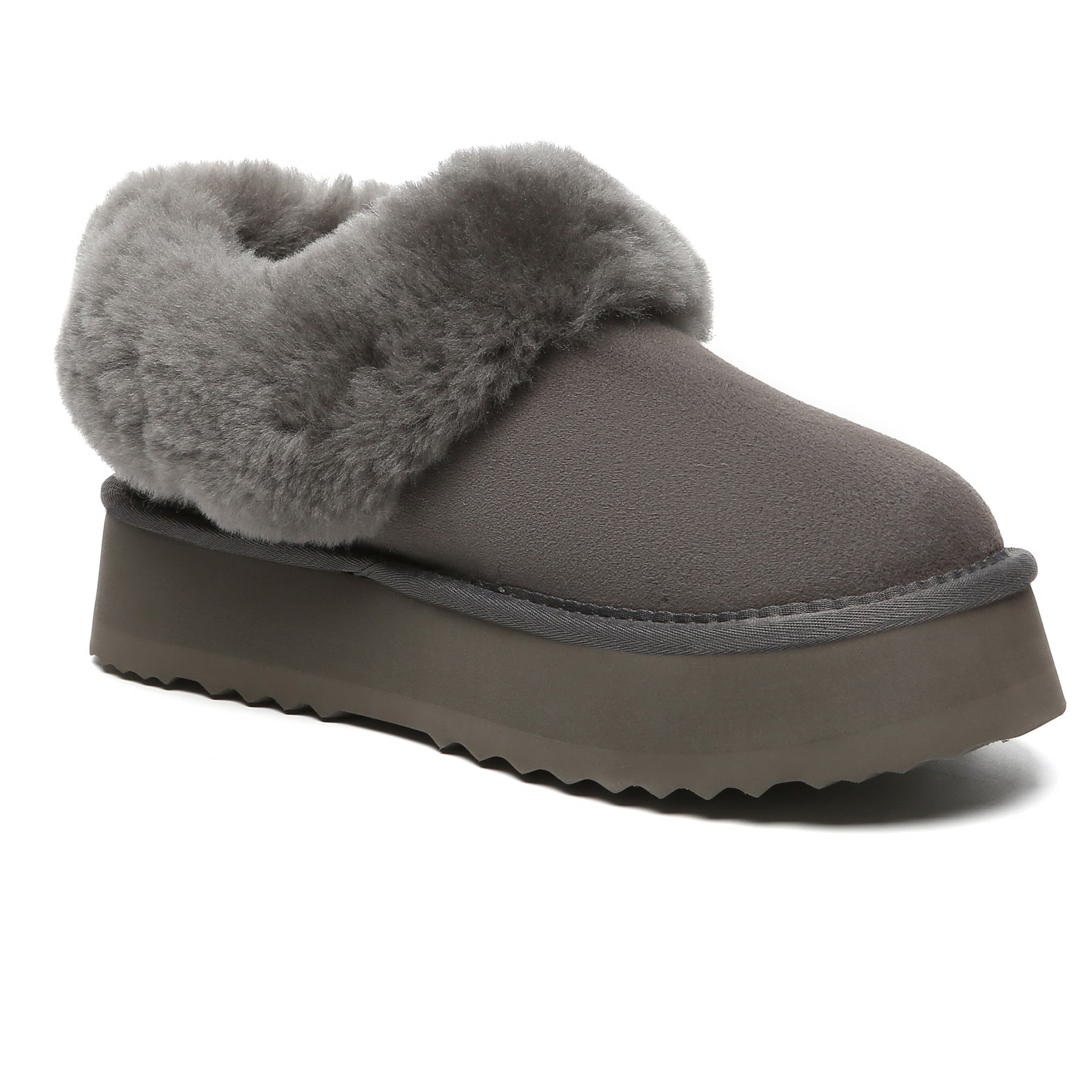 Grey Claire UGG platform ankle slippers for women, featuring a cozy slip-on design and soft plush interior.