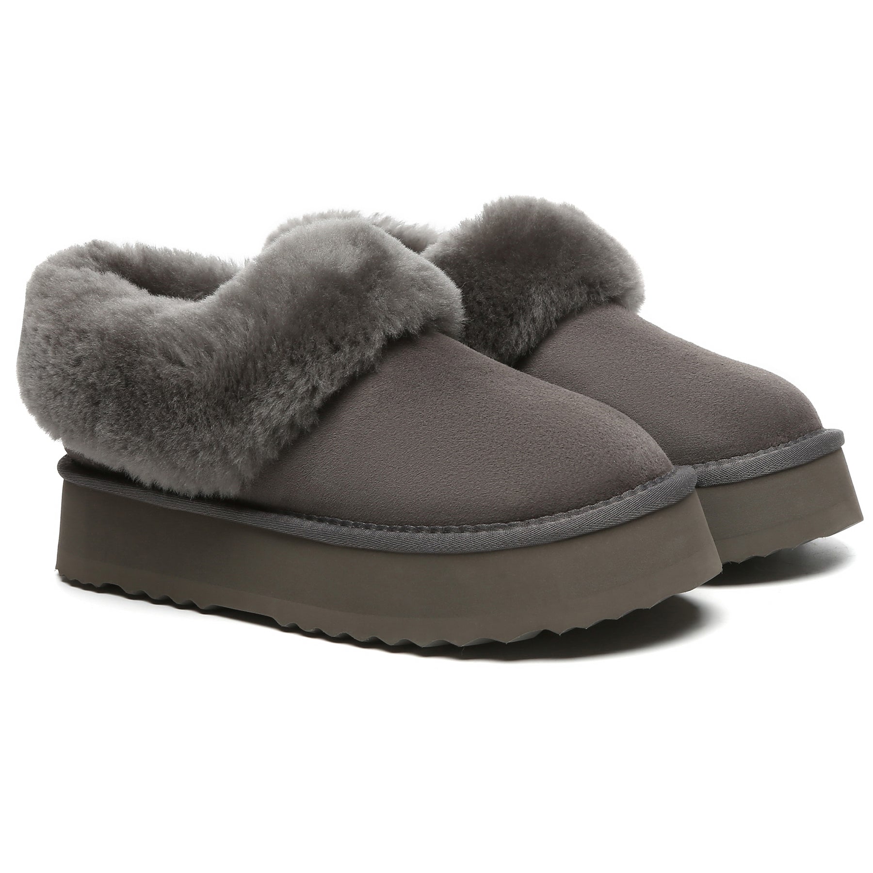 Grey Claire UGG platform ankle slippers for women featuring soft UGG slipper material and a comfortable, stylish design.