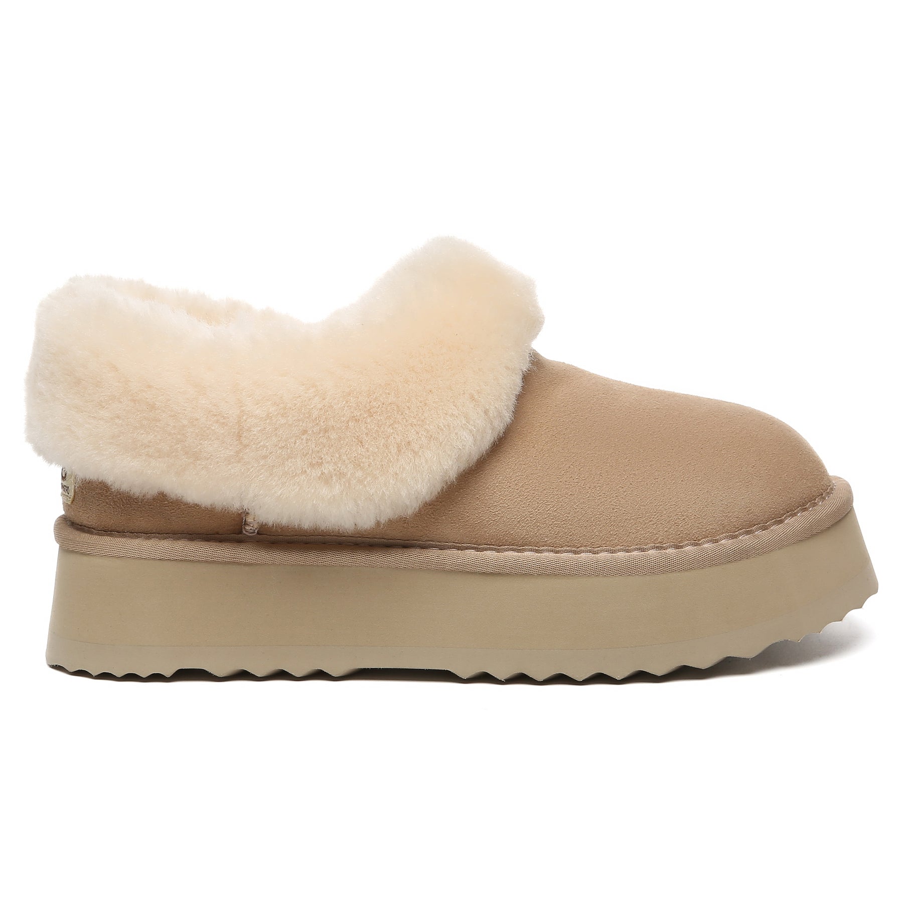 EverUgg Claire UGG platform ankle slippers in beige with plush interior and slip-on design, perfect for cozy indoor comfort.