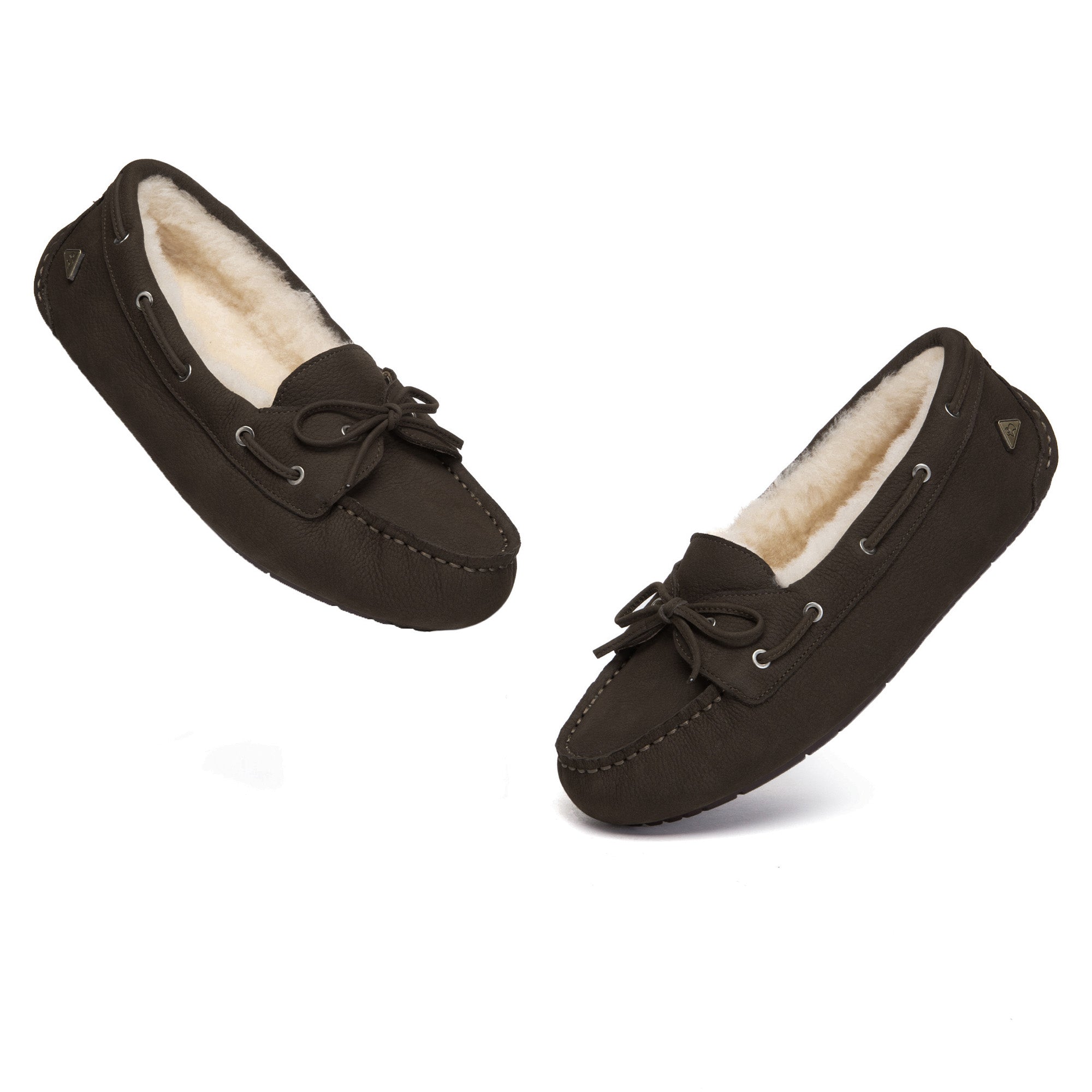 EverUgg Classic Bow Moccasins Slippers showing soft suede exterior and bow detail, perfect for cozy indoor wear.