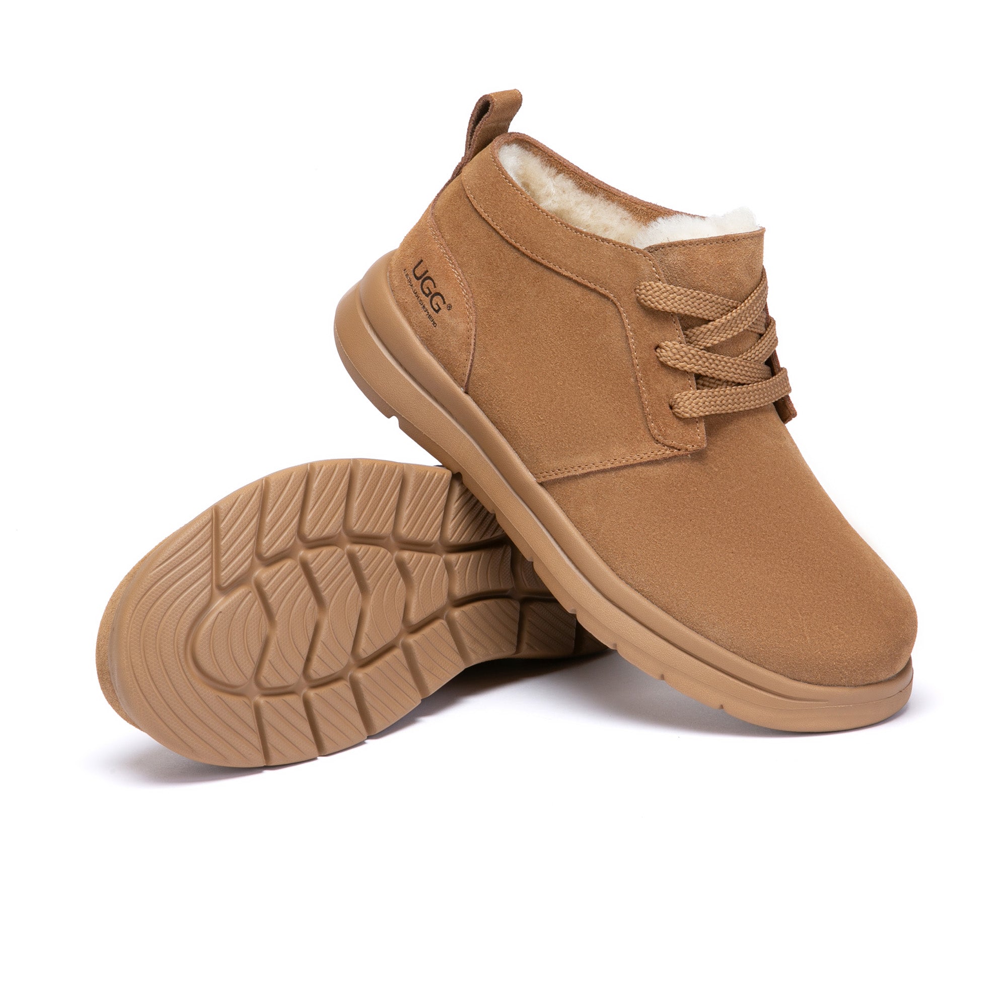 Classic men's lace-up UGG sneakers shoes in black with white soles, featuring a sleek design and breathable material.