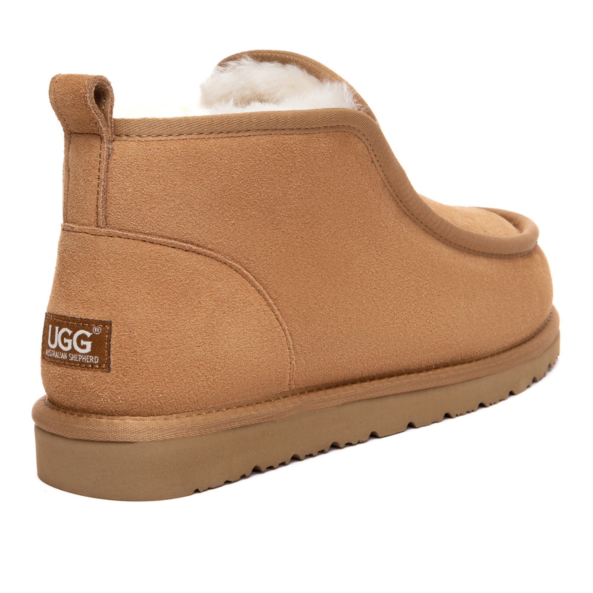 EverUgg Classic Mini Ankle Boots in soft suede with fur lining, featuring a rounded toe and rugged sole.