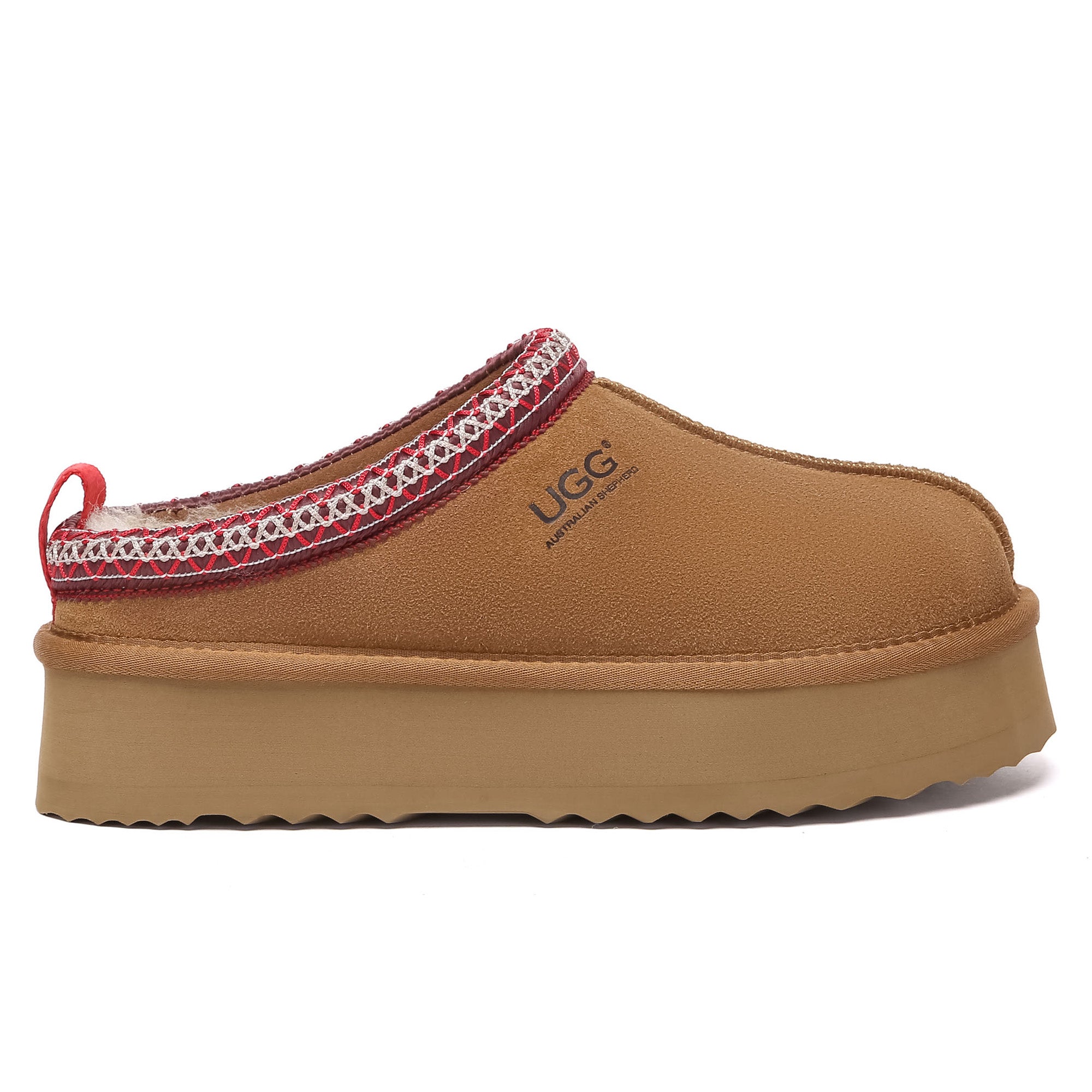 Multicolor Tazman UGG platform slippers for women by EverUgg, featuring cozy slip-on design and vibrant, multicolored pattern.
