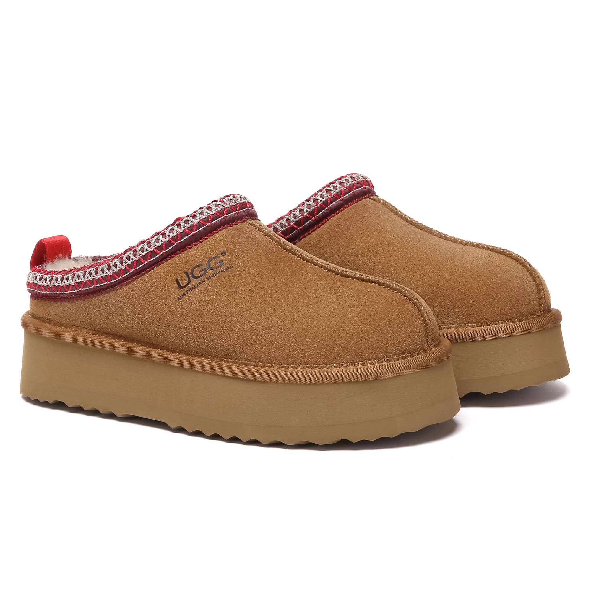 EverUgg Tazman multicolor UGG platform slippers for women with cozy sheepskin lining and vibrant patterned exterior.