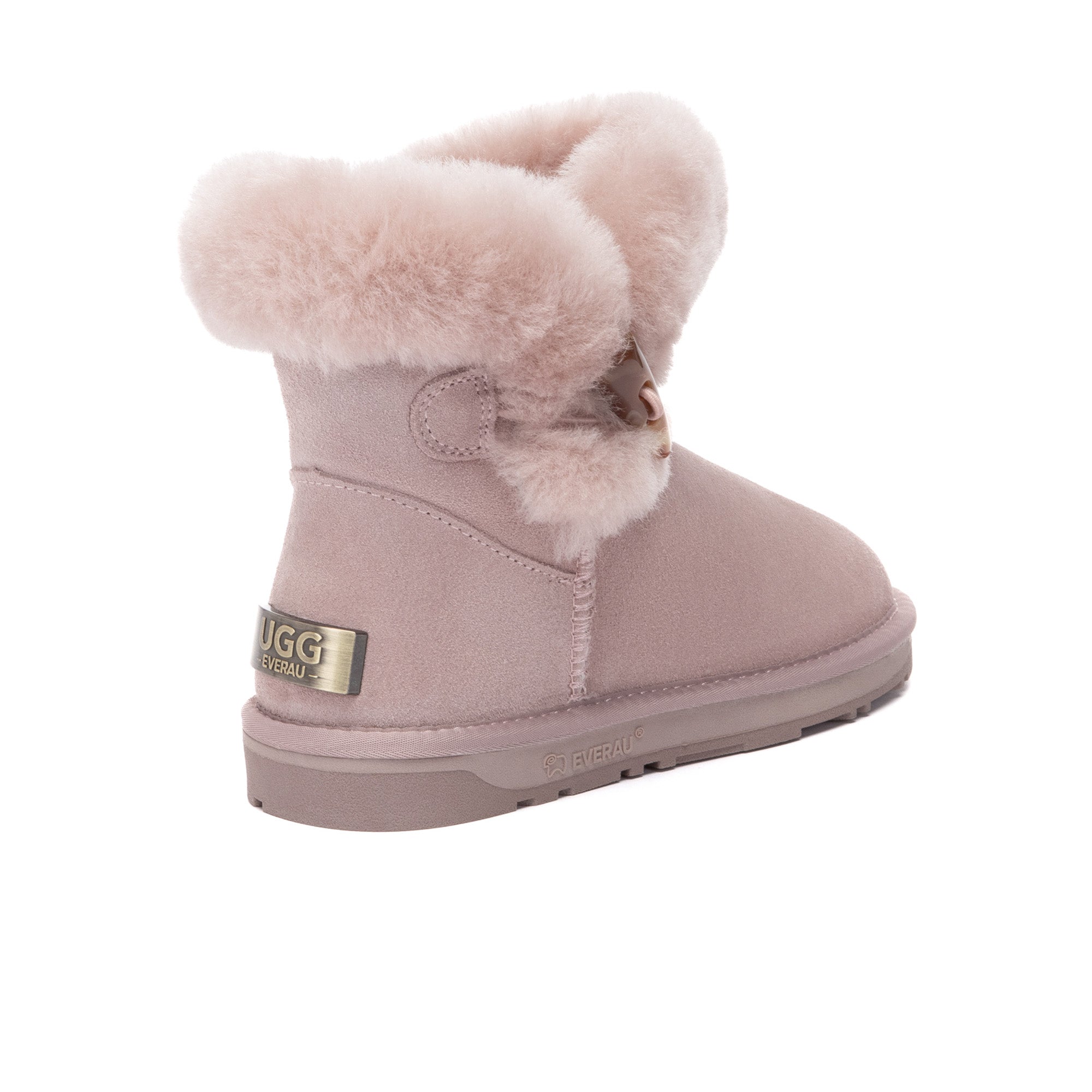 EverUgg Tiara Shark Mini Button UGG Boots in black, showing the cozy suede exterior and stylish button details.