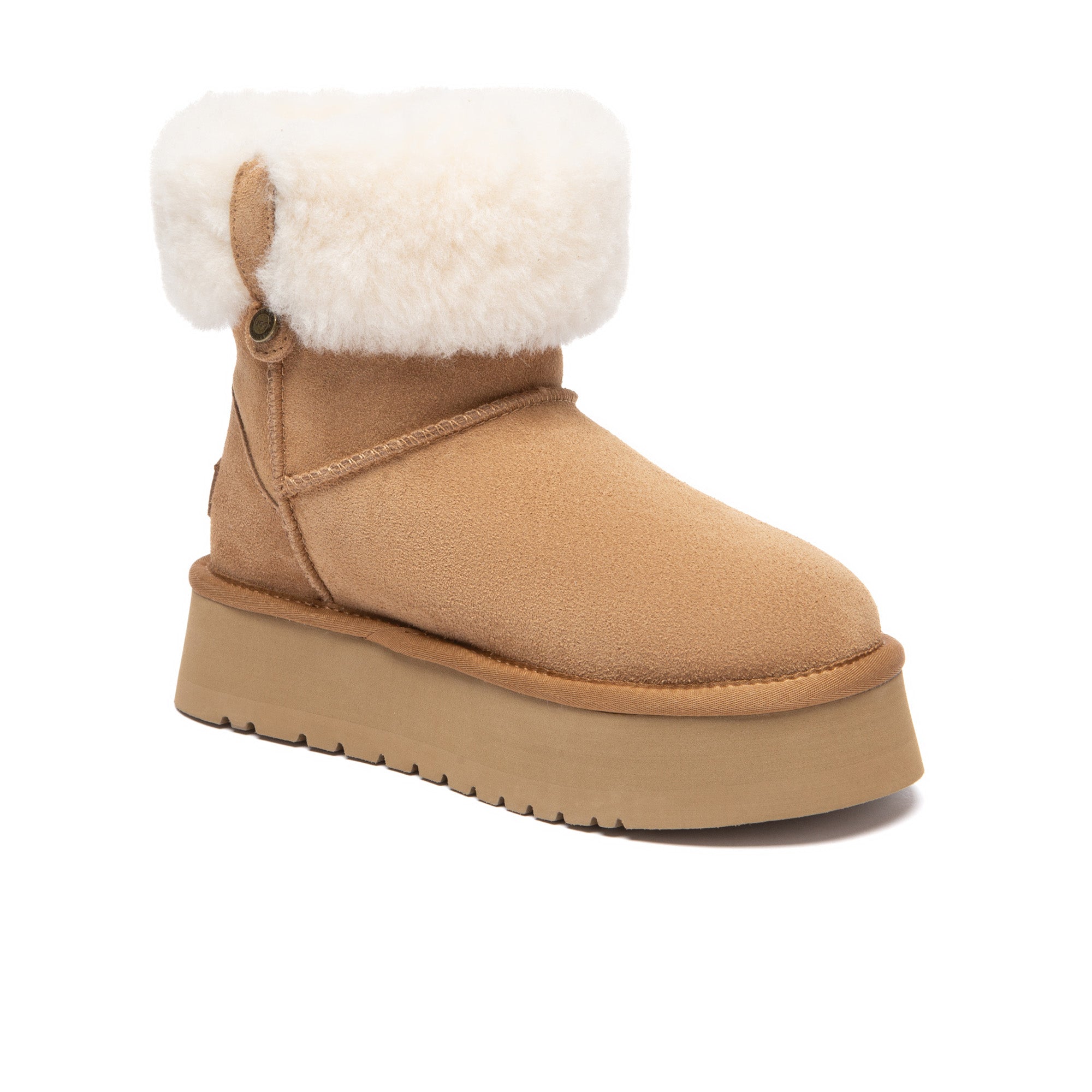 Eleni pull-on mini UGG boots by EverUgg featuring plush sheepskin lining and classic suede exterior, perfect for winter wear.