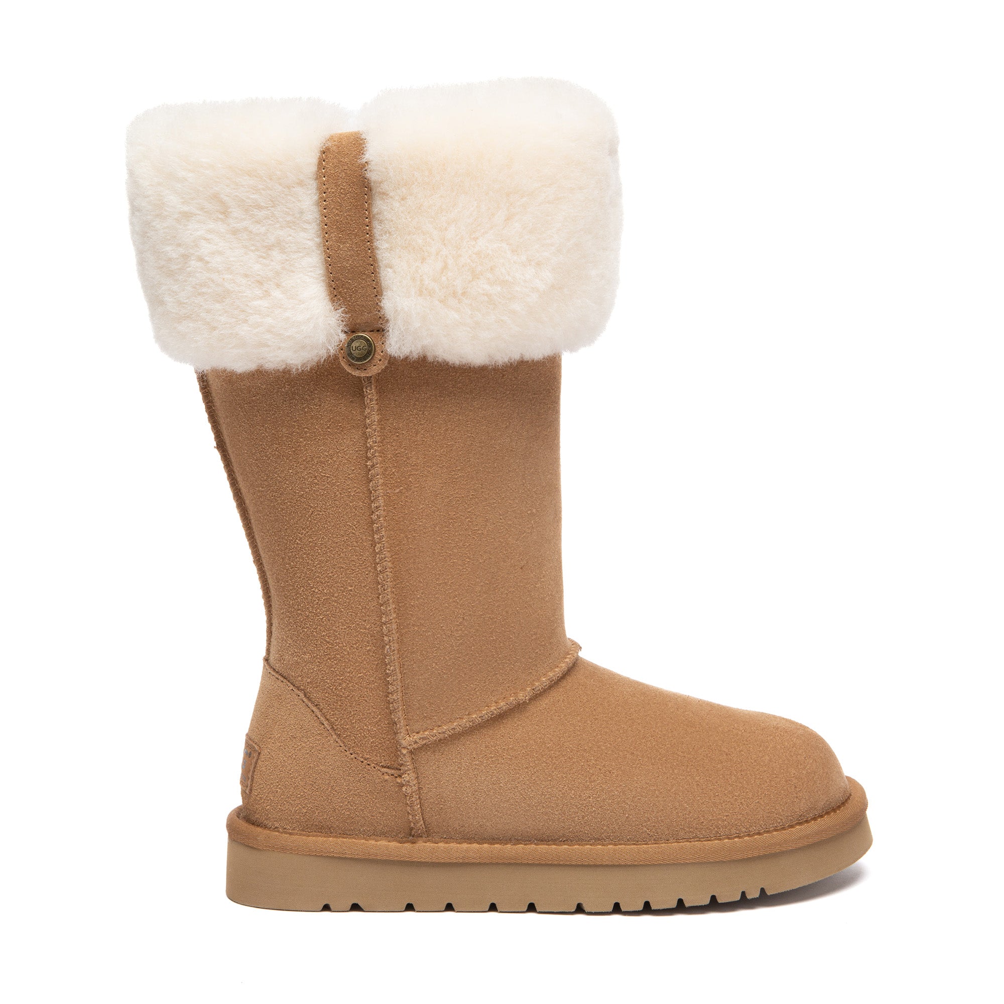 Eleni pull-on tall UGG boots by EverUgg featuring plush shearling lining and sleek black leather exterior.