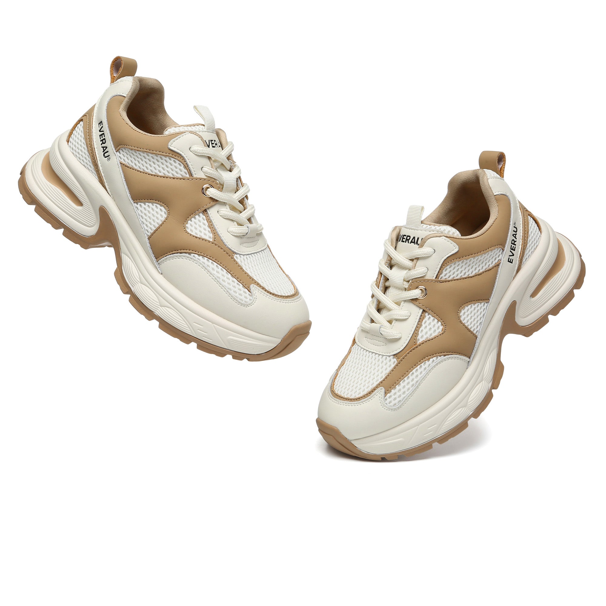 EverUgg Chunky Comfort Platform Sneakers II showing a close-up of beige sneakers with thick soles and stylish design.