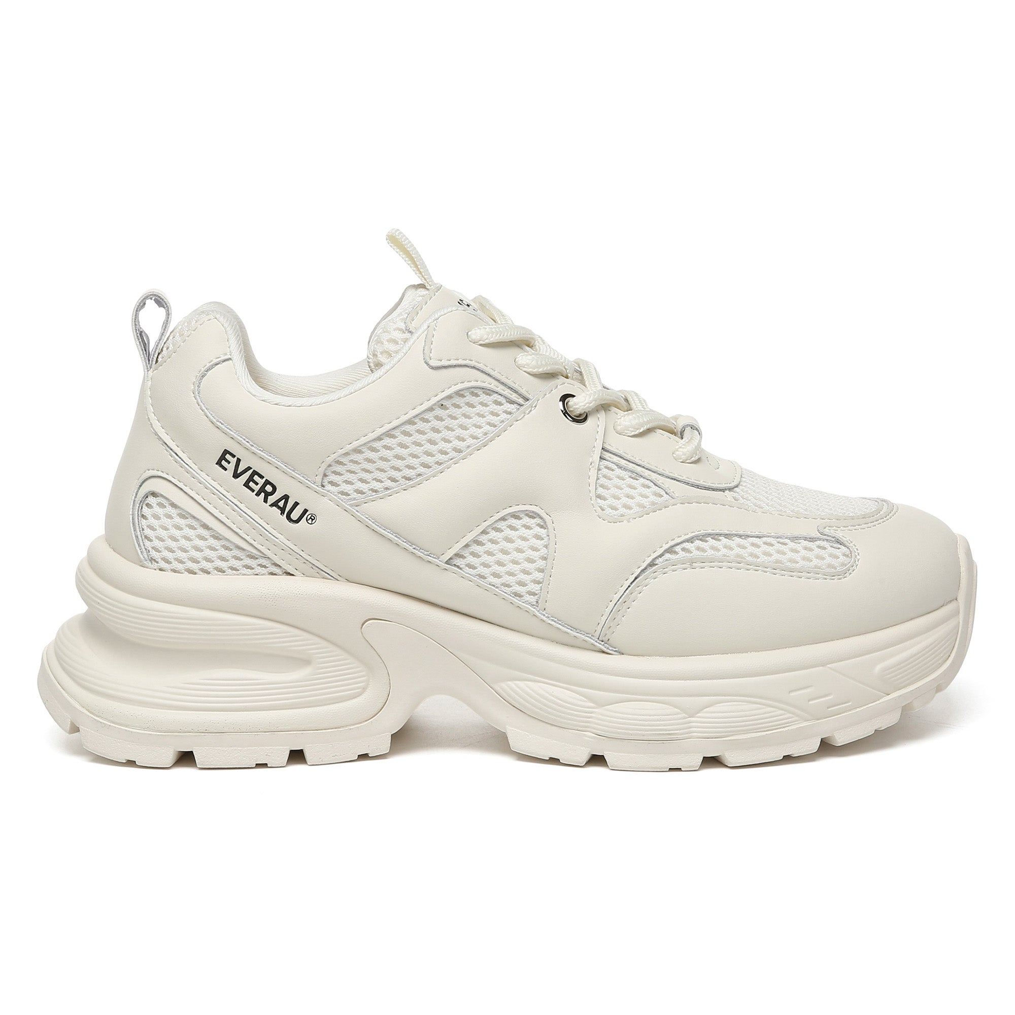 EverUgg Chunky Comfort Platform Sneakers II showing beige textured upper, thick soles, and lace-up design.