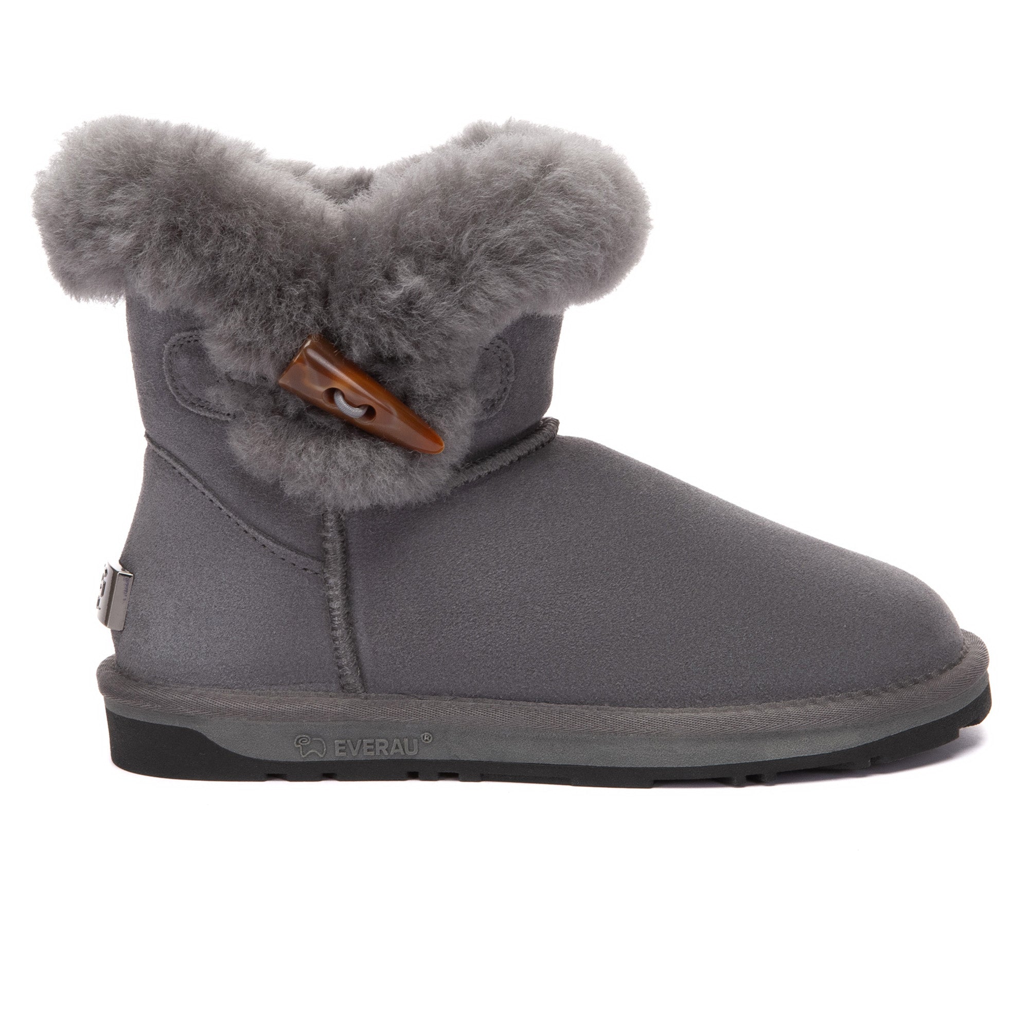 EverUgg Tiara Shark Mini Button UGG Boots in black with decorative buttons and plush interior, stylish for winter wear.