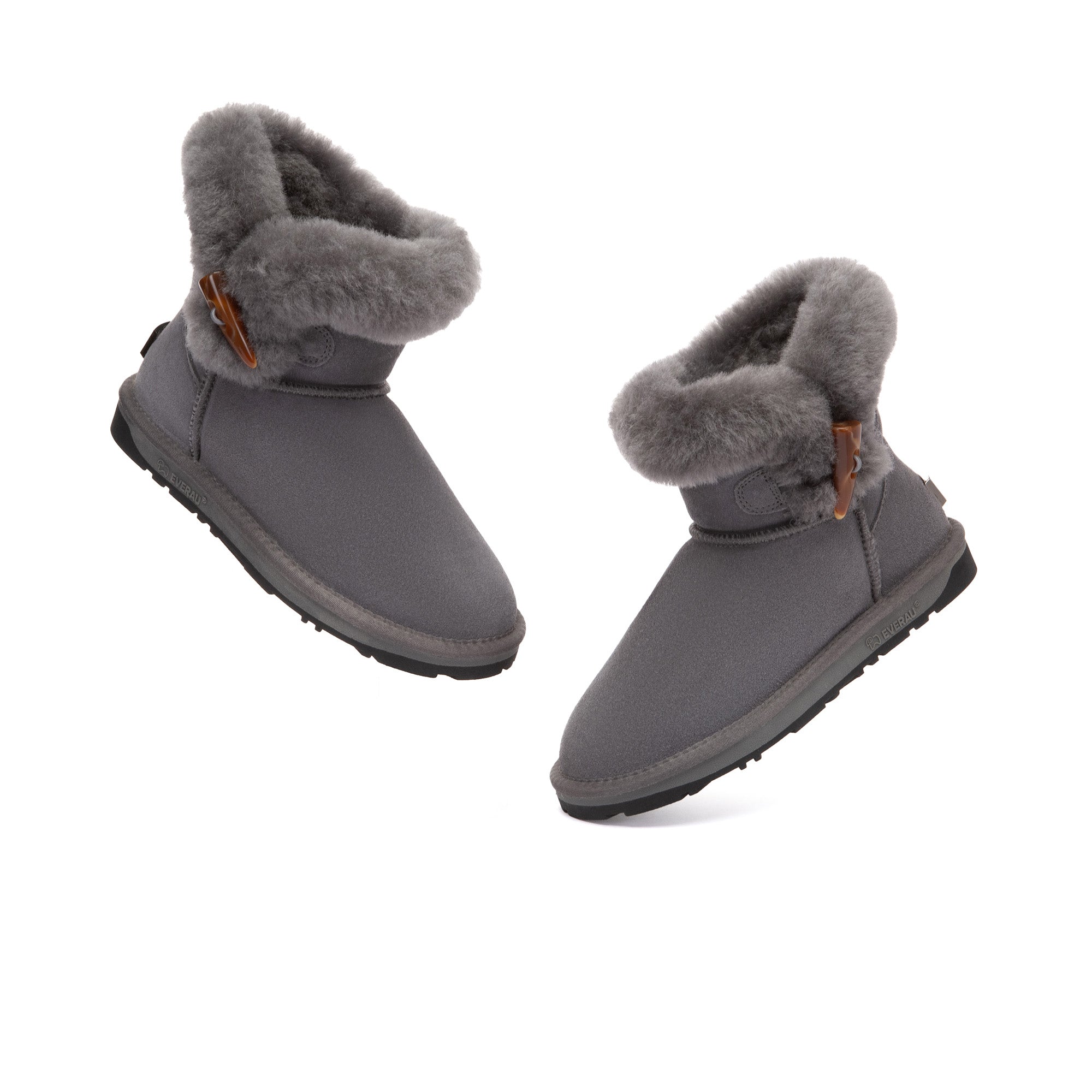 EverUgg Tiara Shark Mini Button UGG Boots in black with decorative buttons and plush interior, showcasing stylish winter footwear.