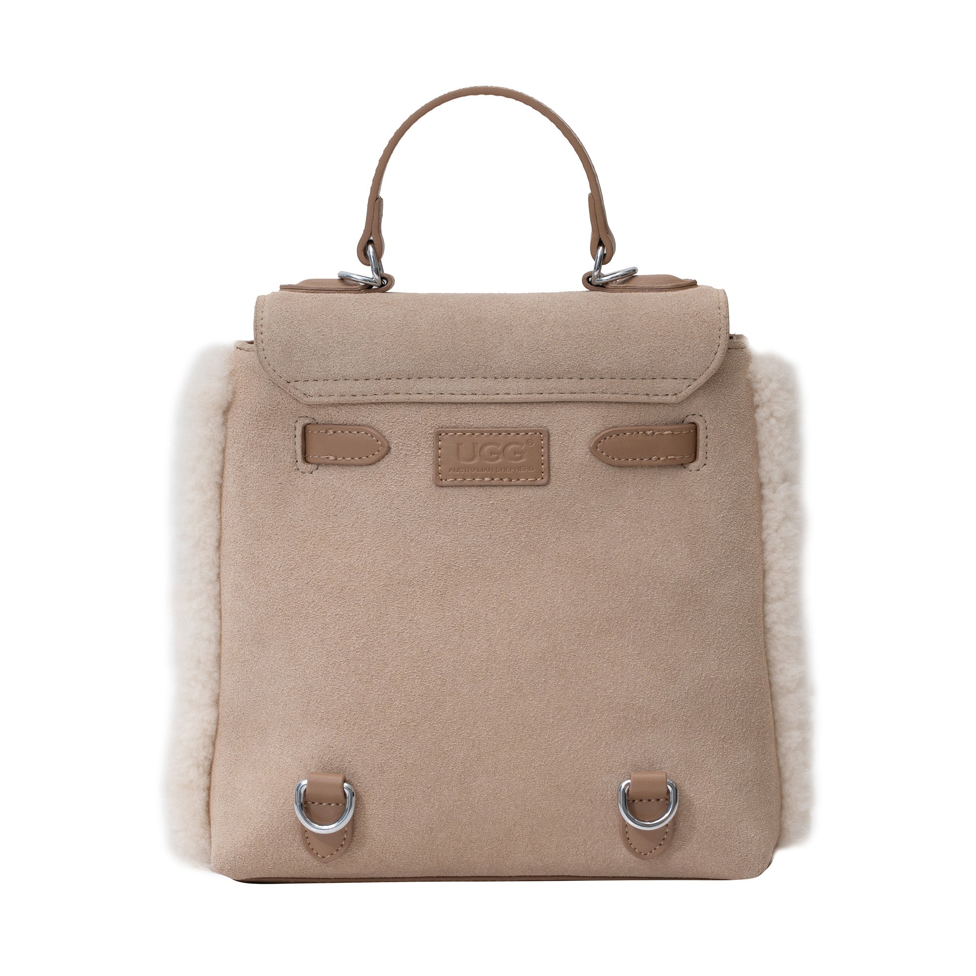 Kenny Fluffy Adjustable Strap UGG Backpack handbag by EverUgg with fluffy exterior and adjustable straps, front view.