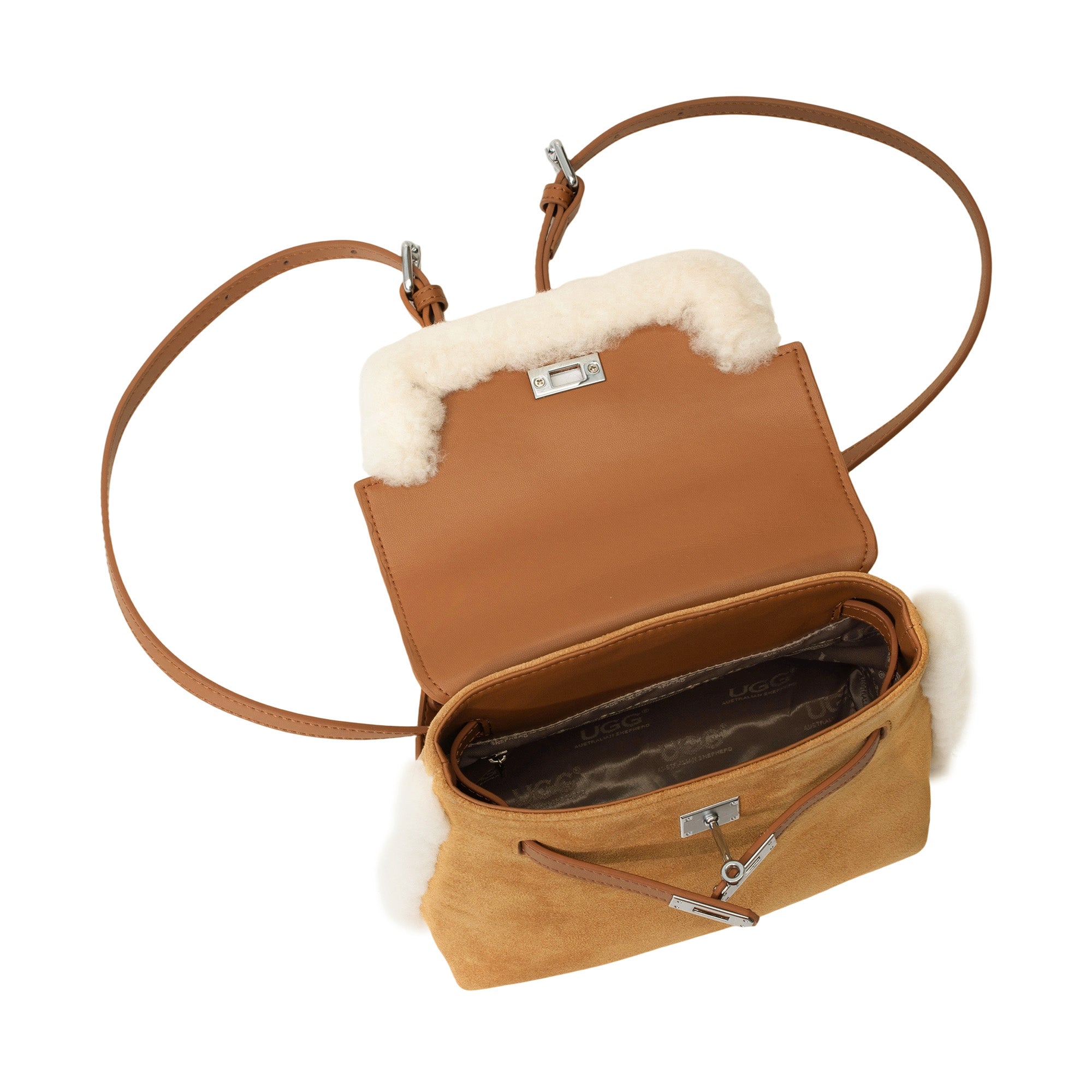 EverUgg Kenny Fluffy Adjustable Strap UGG Backpack handbag with plush exterior and adjustable straps, stylish and functional.