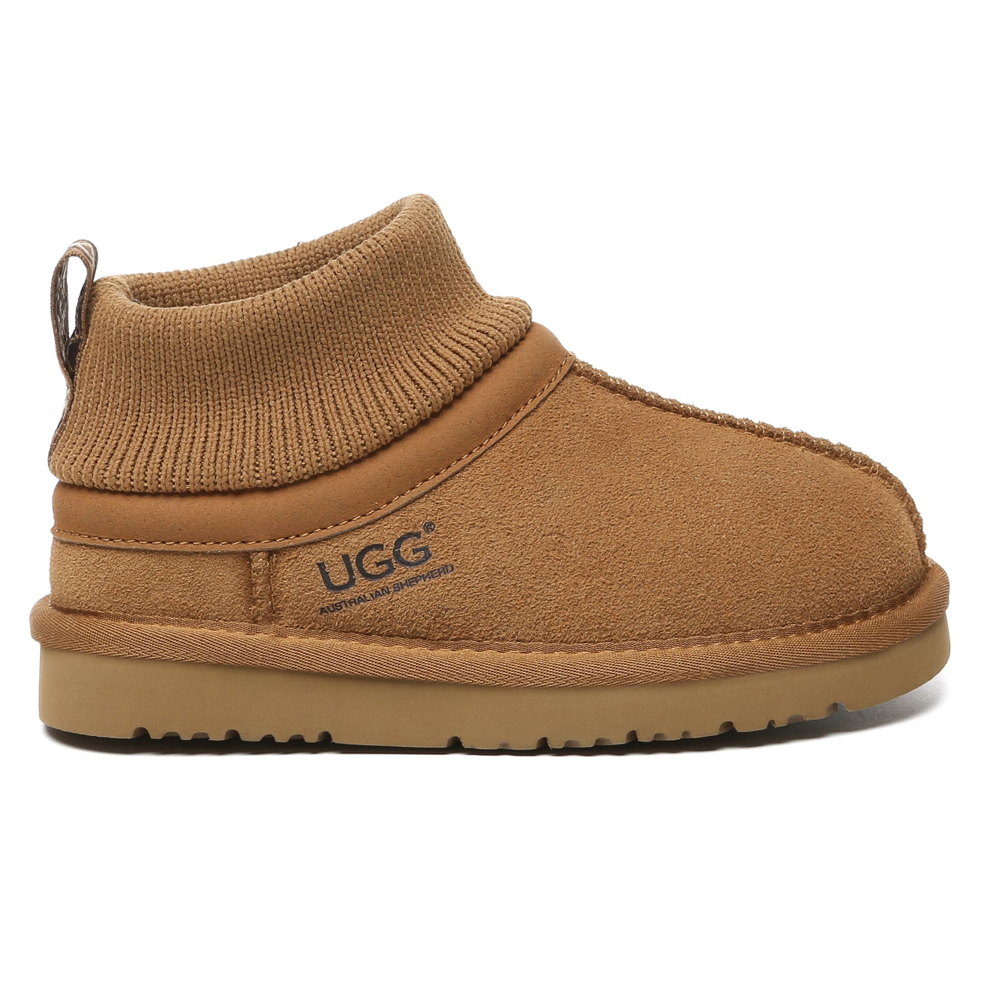 Kids knit UGG ankle slippers by EverUgg, cozy knit fabric with soft soles, designed for comfort and warmth for children.