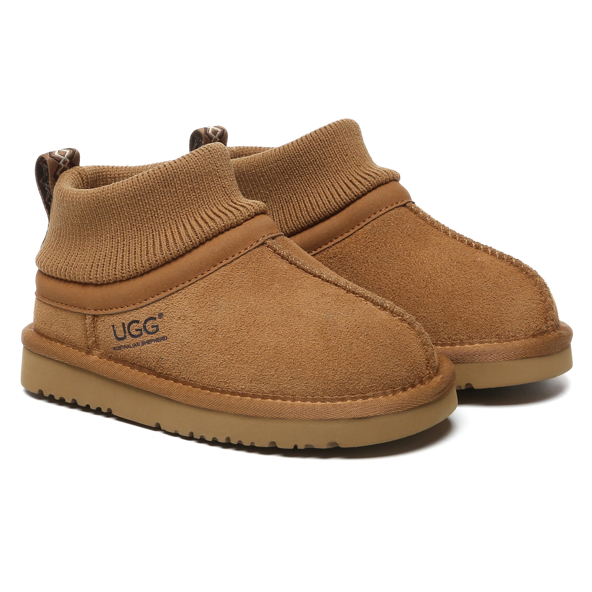 Kids knit UGG ankle slippers by EverUgg, soft cozy shoes for children with a knit fabric upper and slip-on design.