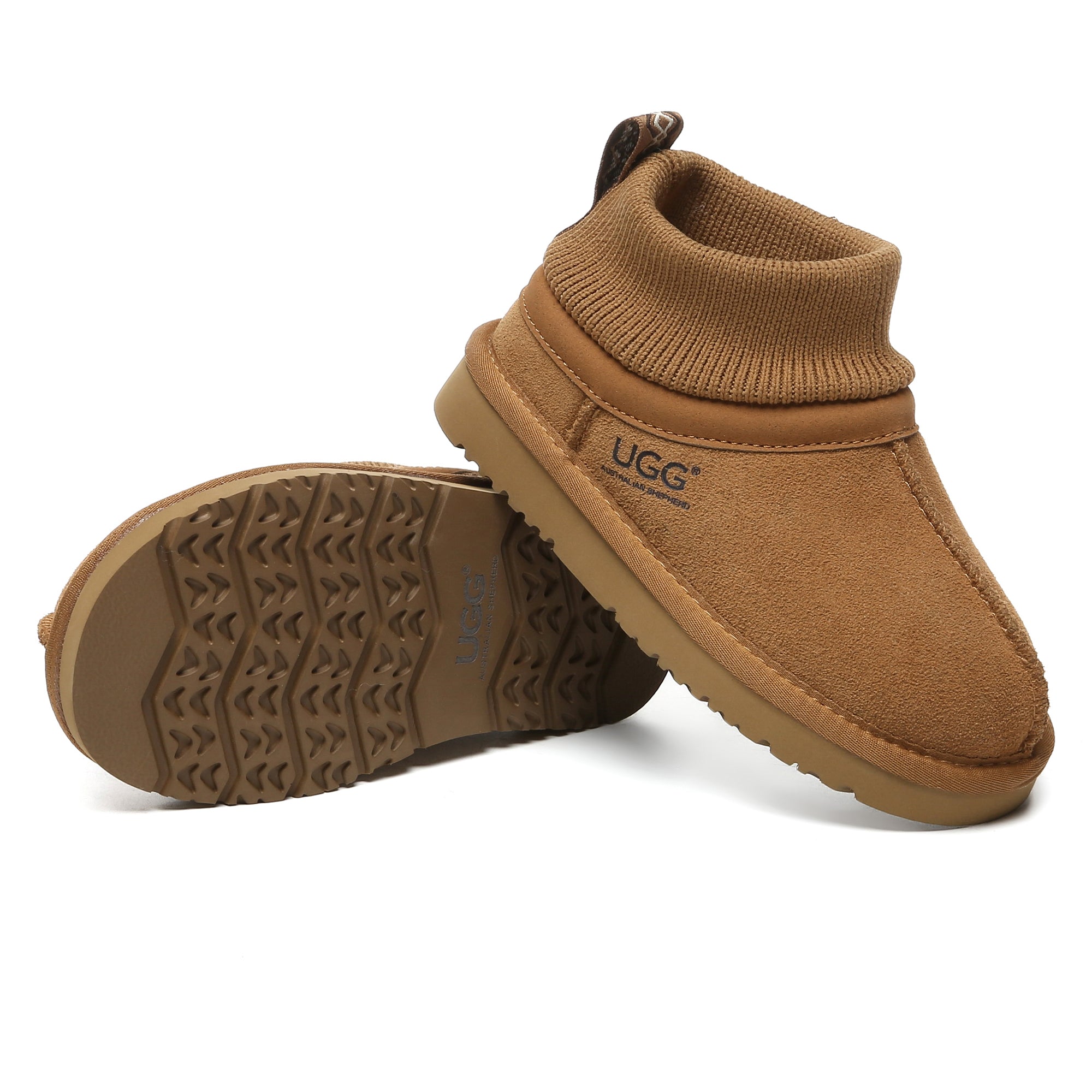 Kids knit UGG ankle slippers by EverUgg, soft cozy shoes for children featuring a warm knit design and slip-on style.