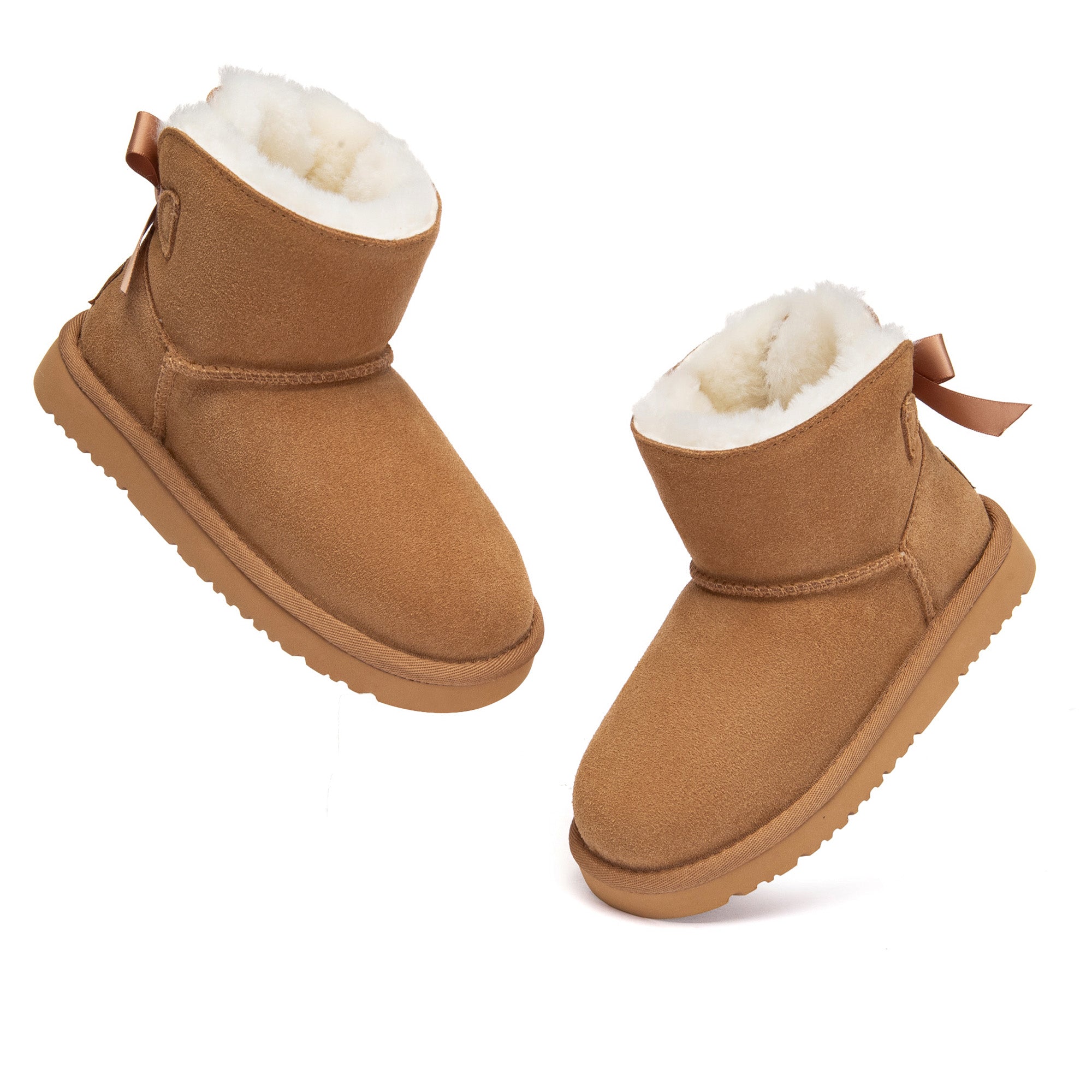 Kids mini UGG boots by EverUgg with classic back bow design, featuring soft suede material and cozy interior for warmth.