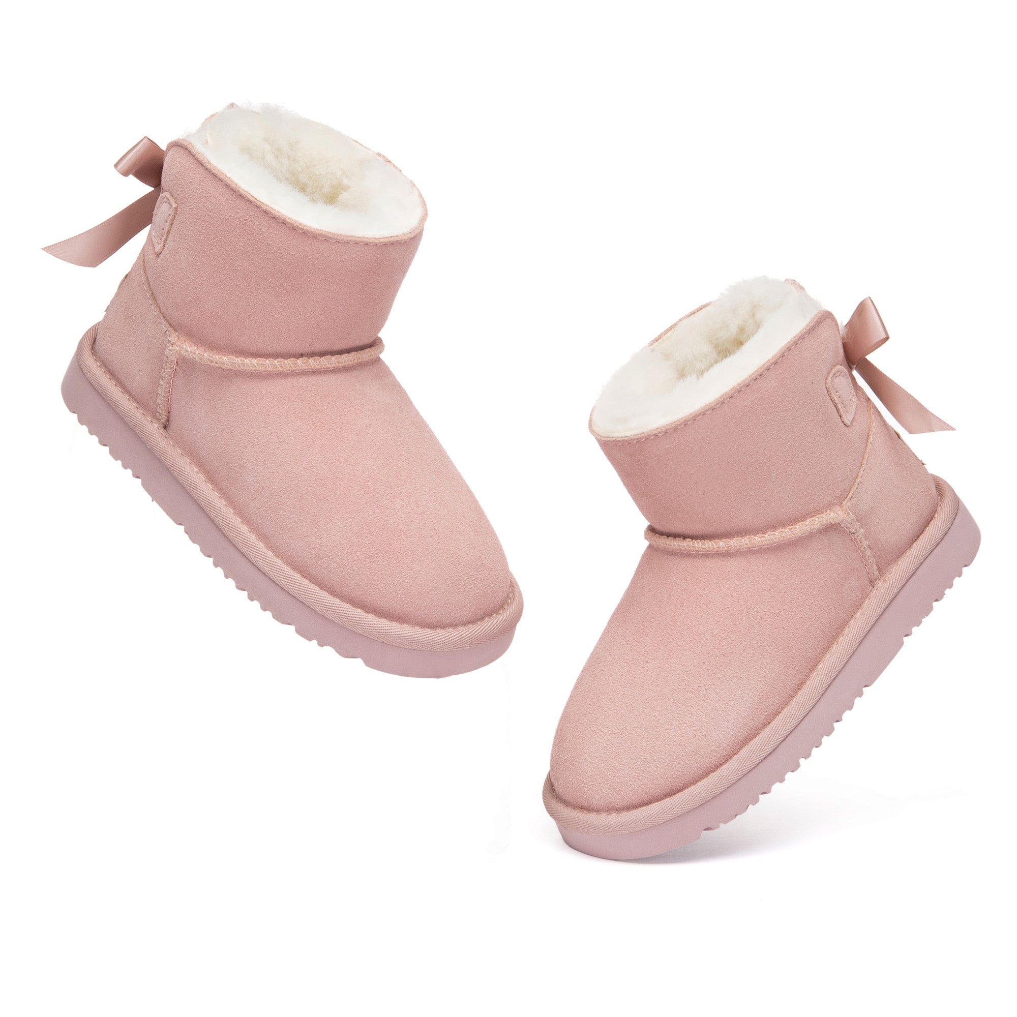 Kids mini classic UGG boots with back bow detail in soft suede, featuring warm lining and durable soles by EverUgg.